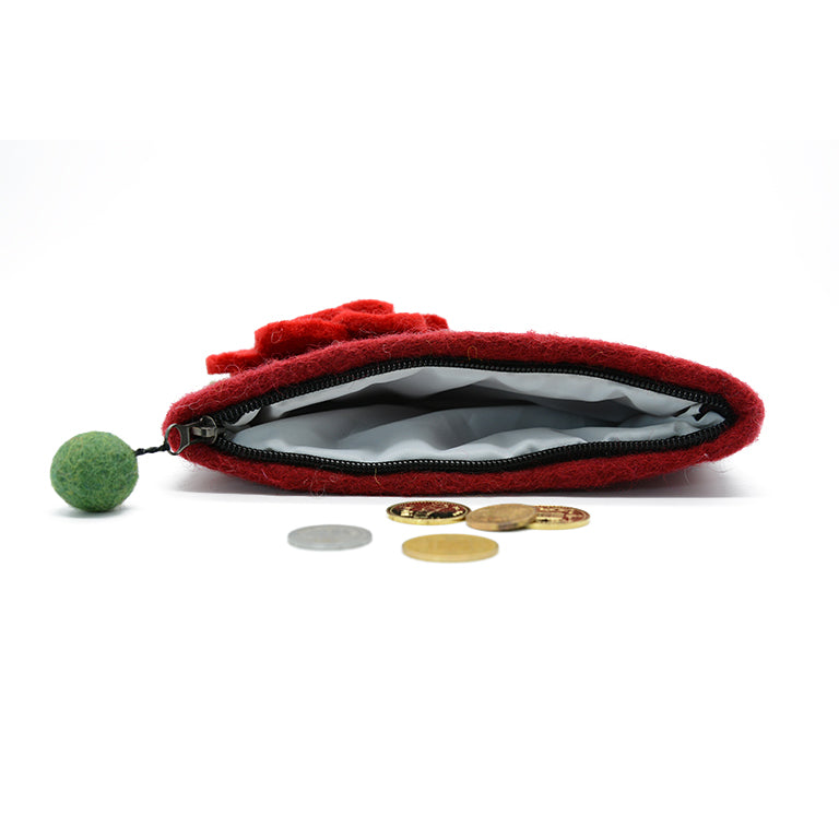 Handtasche aus bordeauxrotem Wollfilz mit rotem Rosenblütenmuster