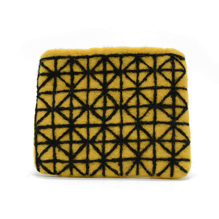 Yellow Wool Felt Coin Purse with Black Geometric Check Pattern