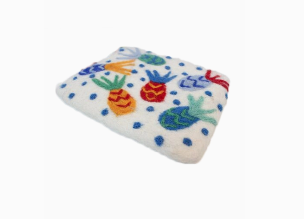 White Wool Felt Coin Purse with Colorful Abstract Print