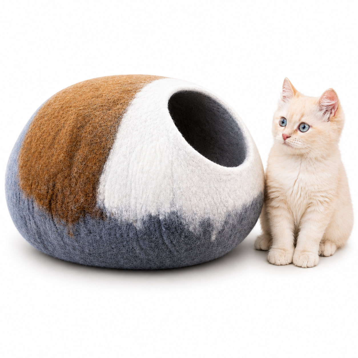 Tri-Colored Large Cat Cave, Wool Cat Bed, Premium Wool Eco- Friendly Pet Bed, Modern Pet Furniture