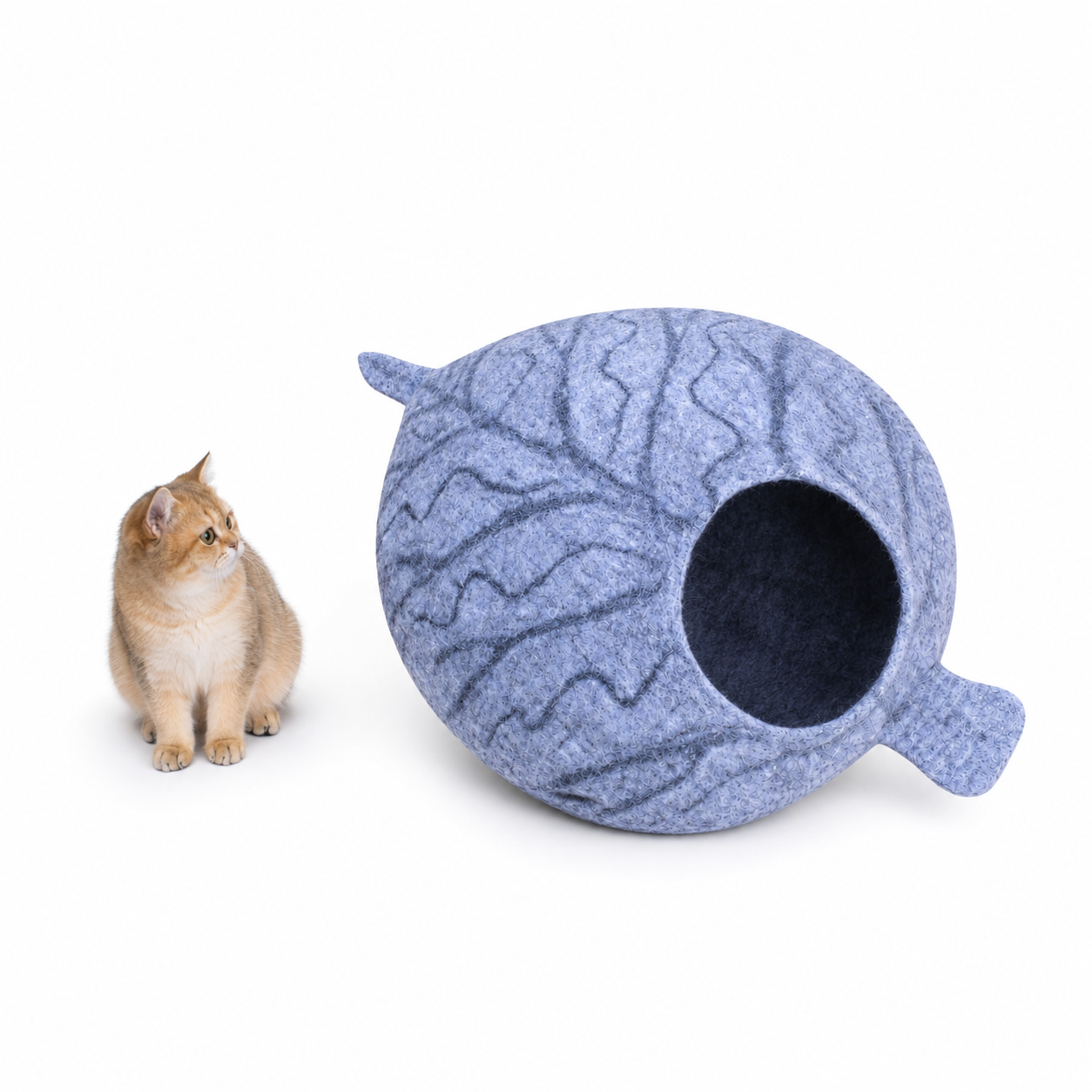 グレーリーフフェルト製猫用洞窟 - 猫用ベッド - オーガニックウール製ペットハウス - ペットに優しい洞窟 - ドーム型猫用ベッド