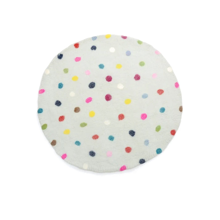 Tappeto rotondo decorativo in feltro di lana a pois, fatto a mano.