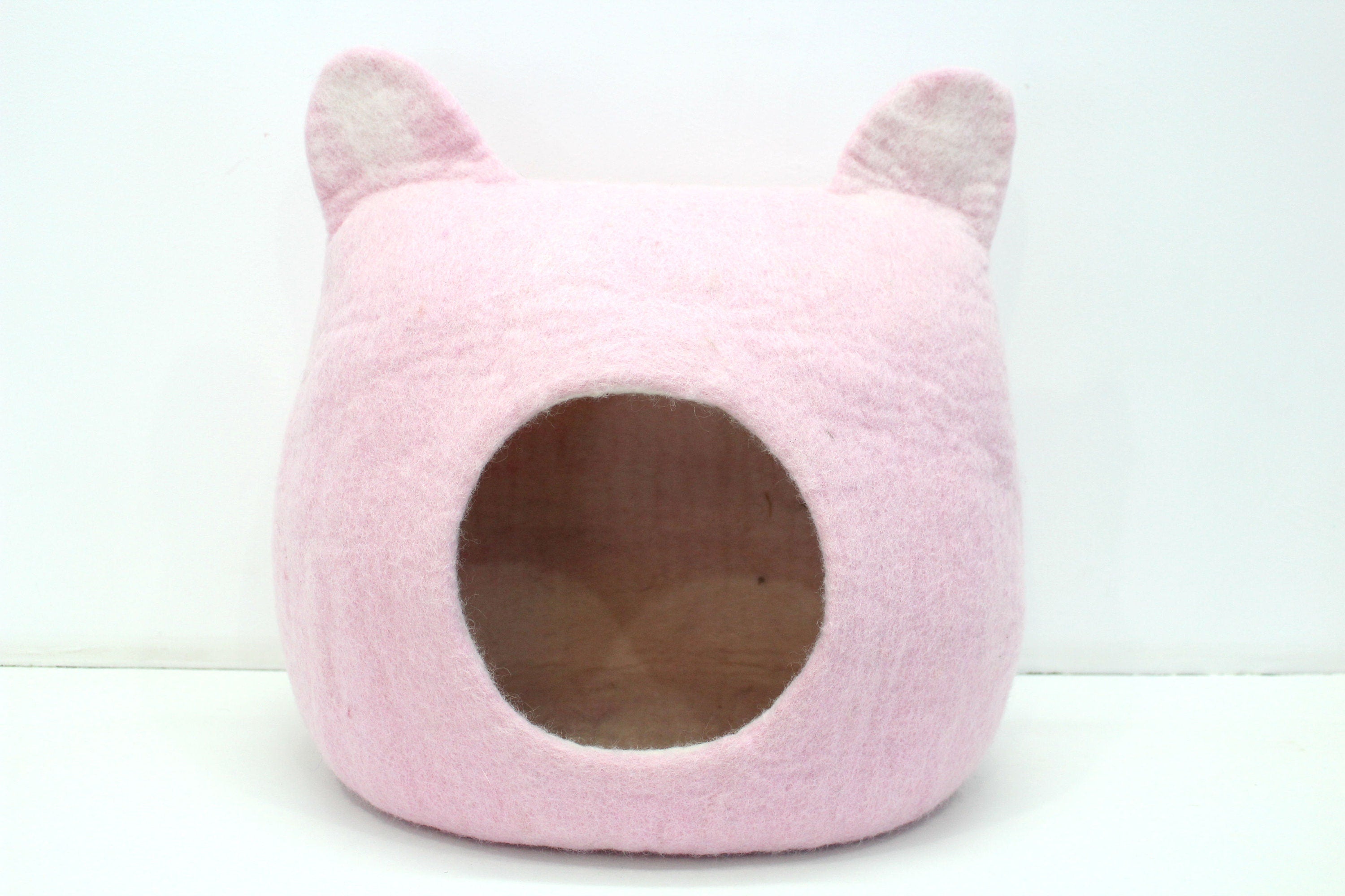 Wool Felt Cat Cave – Pink Square Pet Bed with Ears