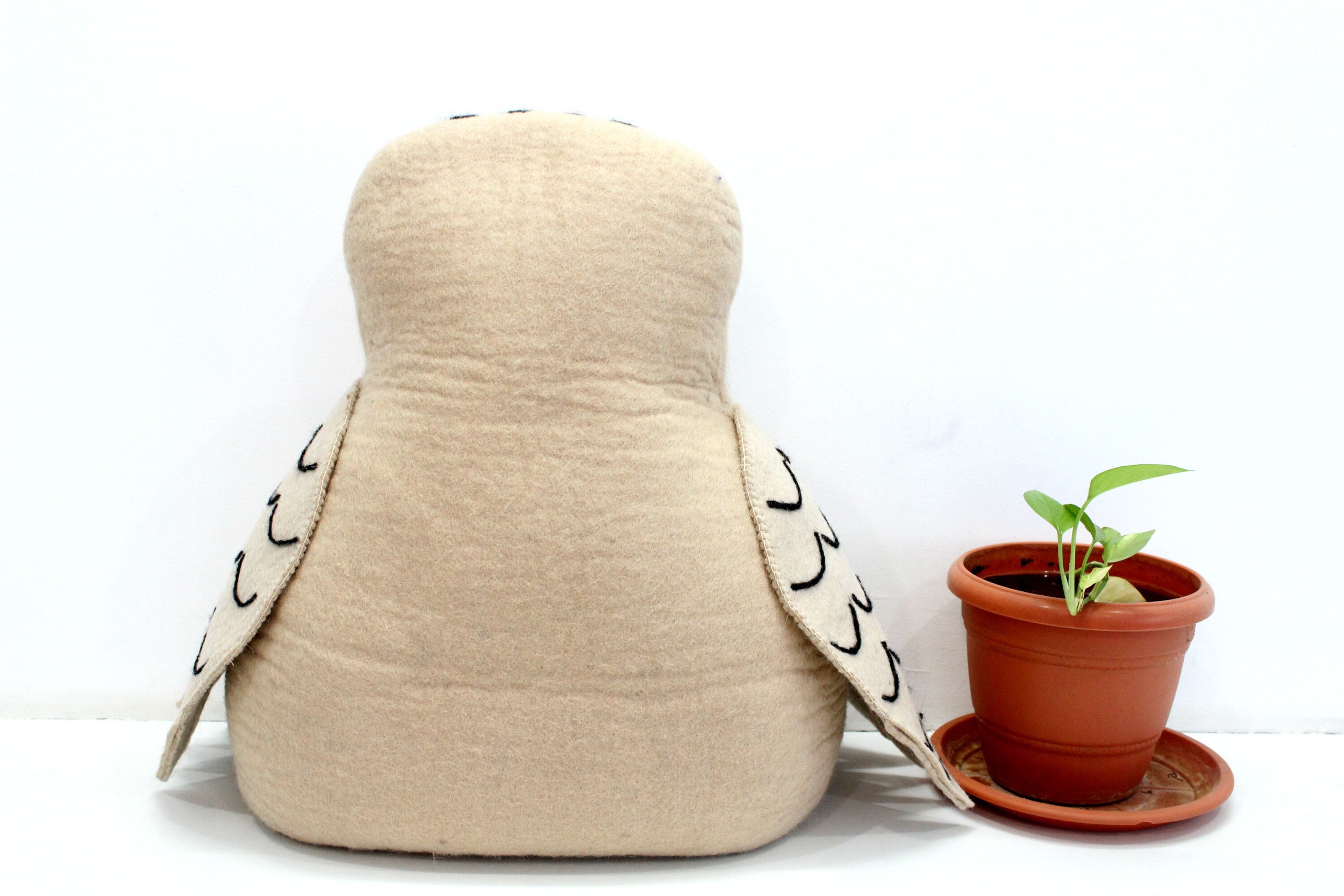 Wool Felted Cat Bed – Beige Owl Design, Pet Cave