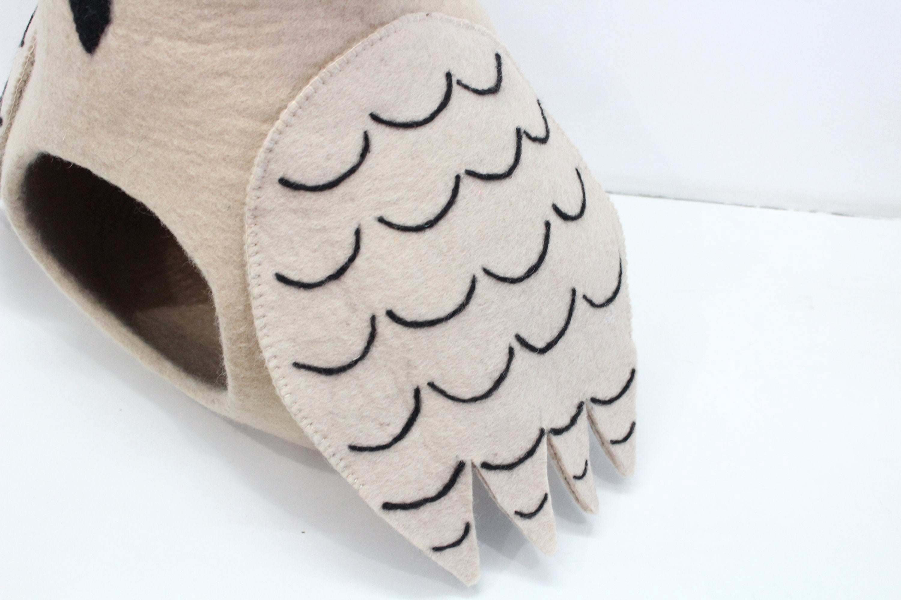 Wool Felted Cat Bed – Beige Owl Design, Pet Cave