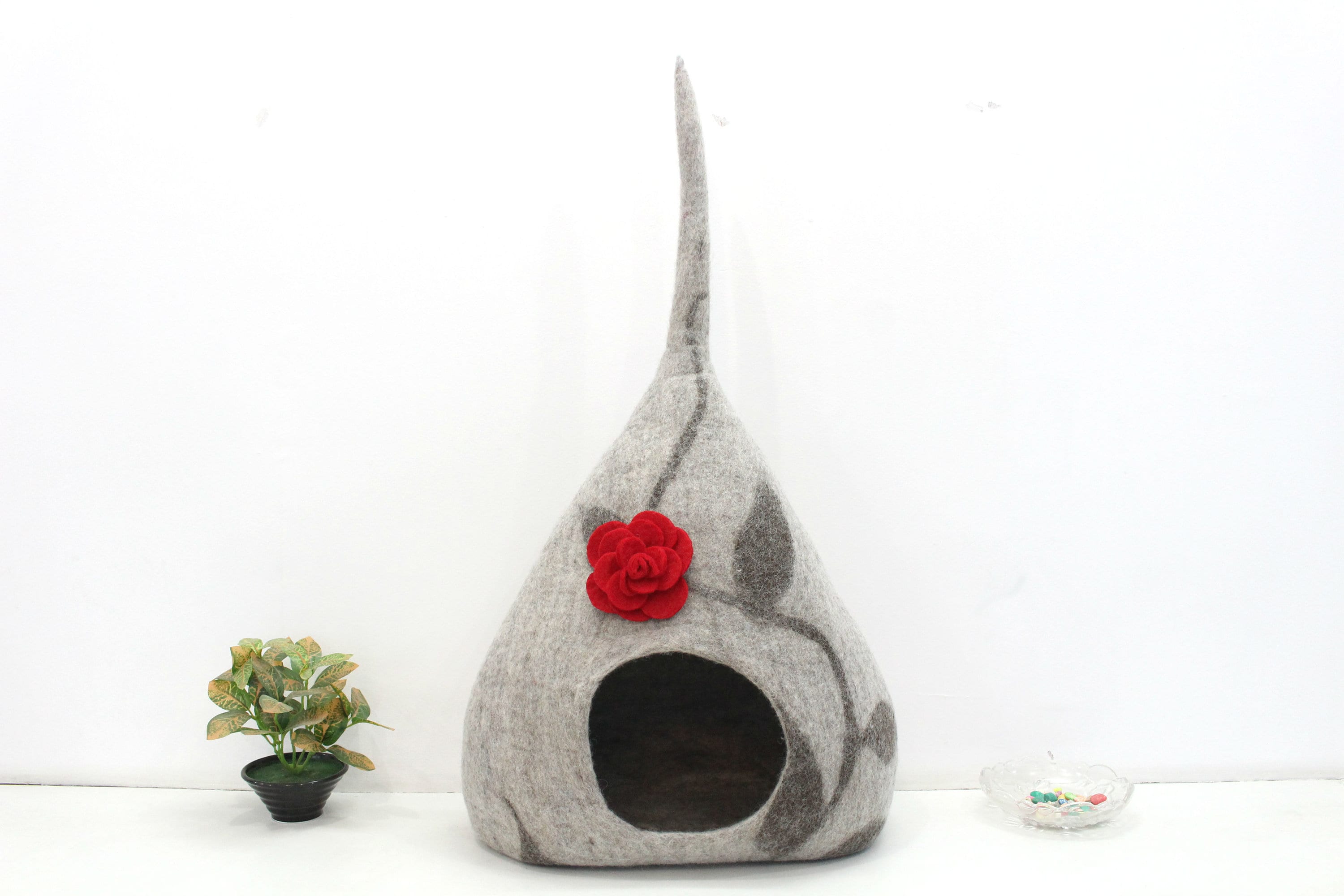 Felted Wool Cat Cave – Designer Pet Bed with Flower Detail