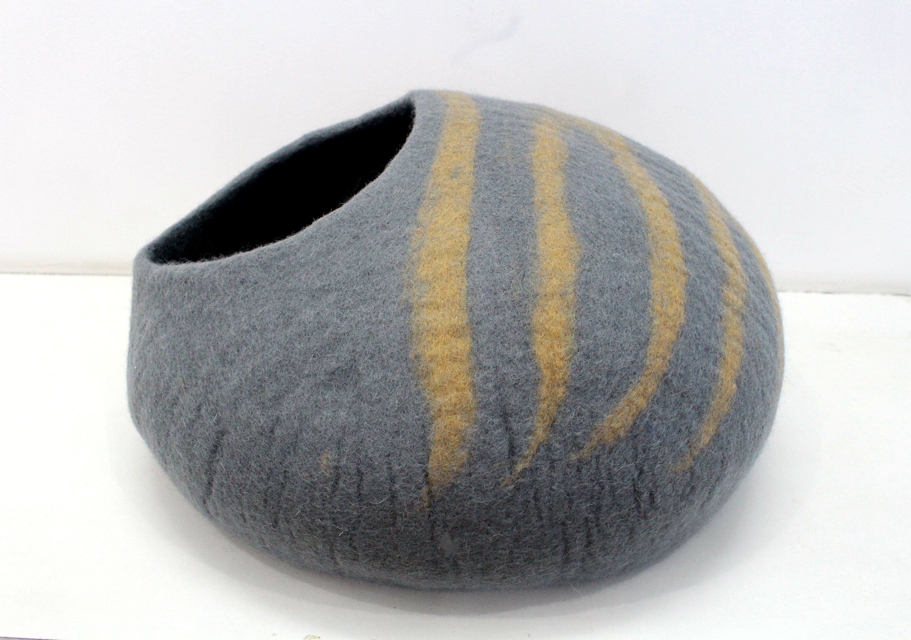 Handmade Felt Cat Cave – Grey Wool Cat Bed with Stripe Design
