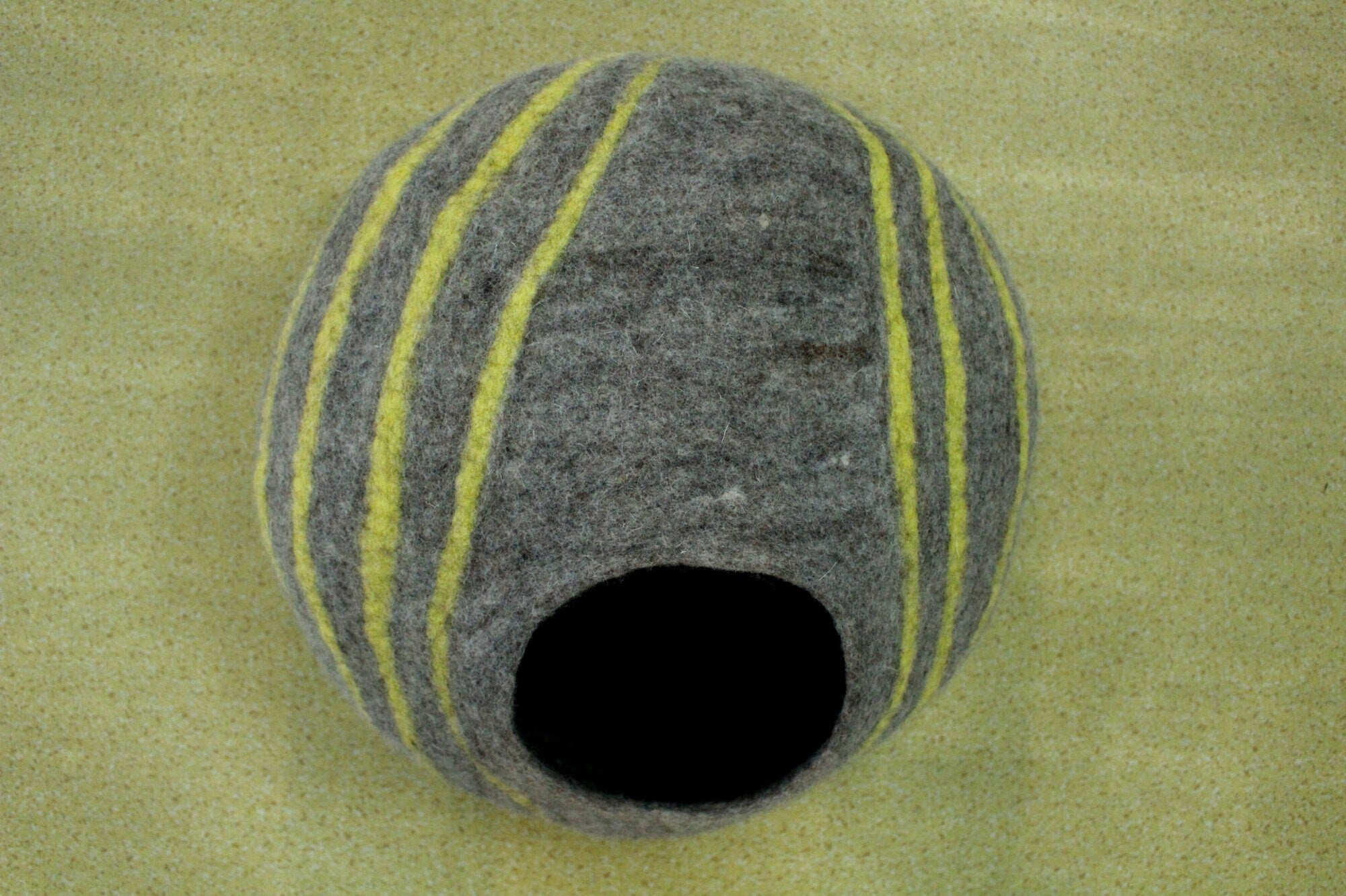 Felt Cat Cave – Gray Wool Basket with Yellow Stripes