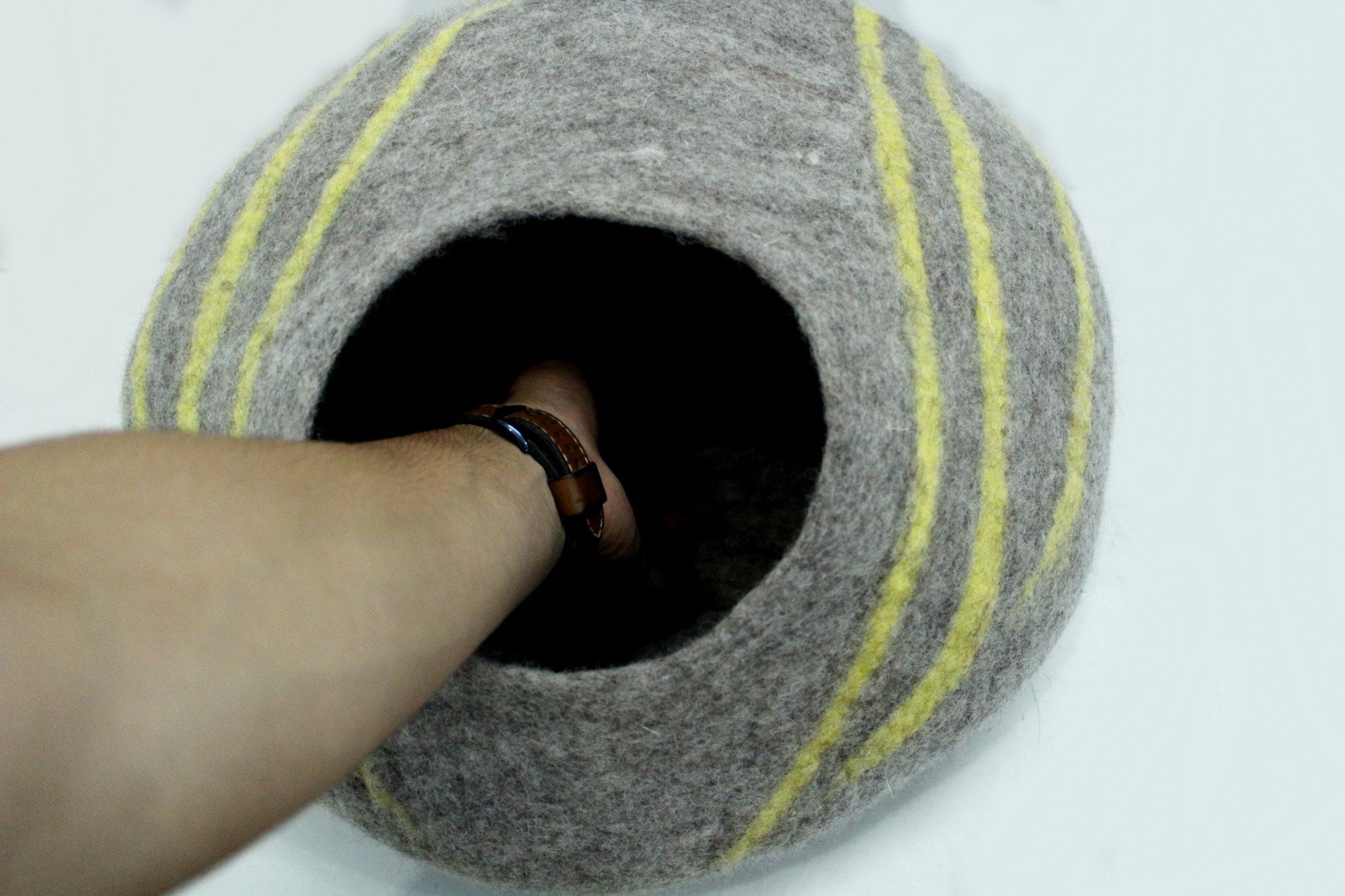 Felt Cat Cave – Gray Wool Basket with Yellow Stripes