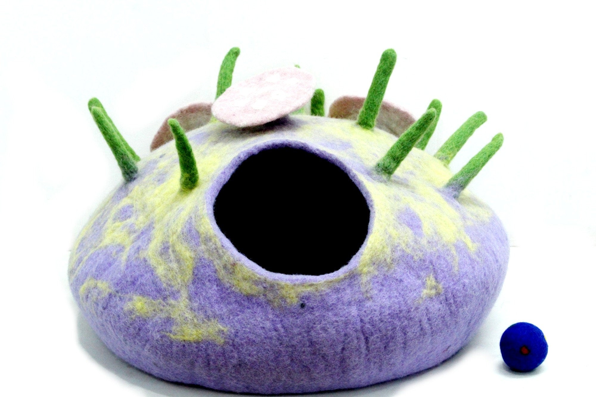 Handmade Felted Wool Cat Cave – Purple Fairy Toadstool Kitty House
