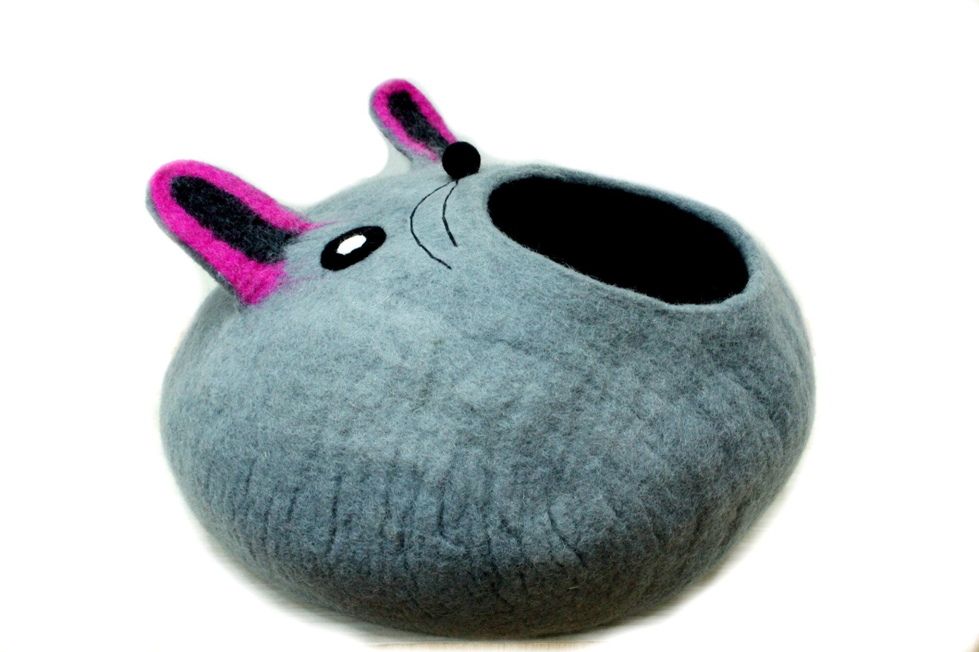 Handmade Wool Felt Cat Cave Bed – Gray Cat Head Pet House