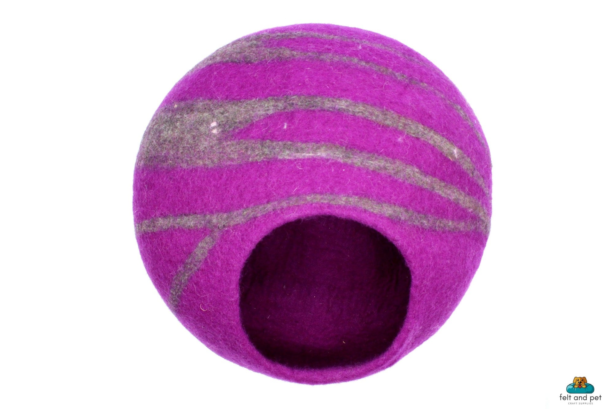 Felted Purple Cat Cave – Wool Cat Bed with Brown Stripes