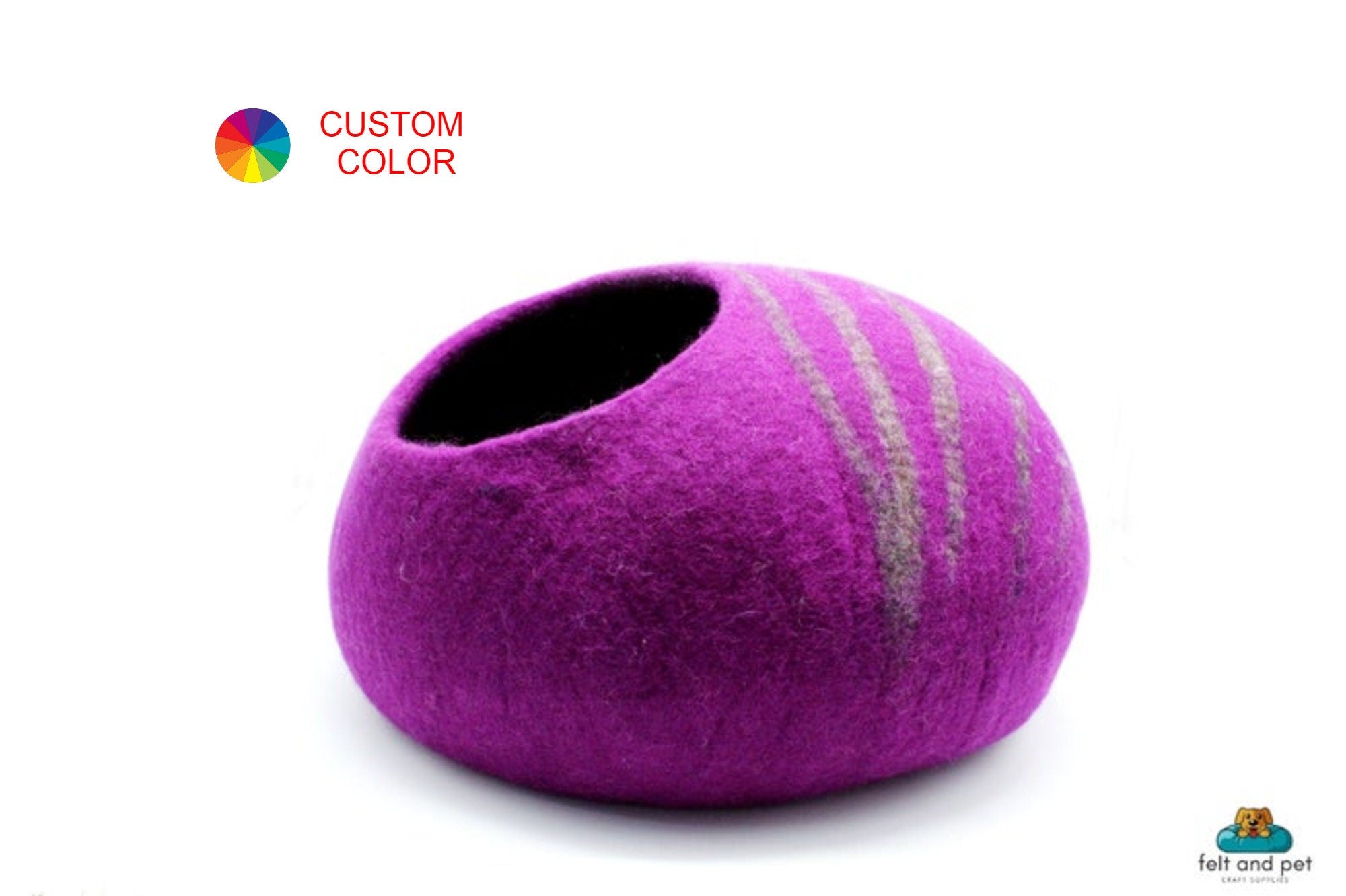 Felted Purple Cat Cave – Wool Cat Bed with Brown Stripes