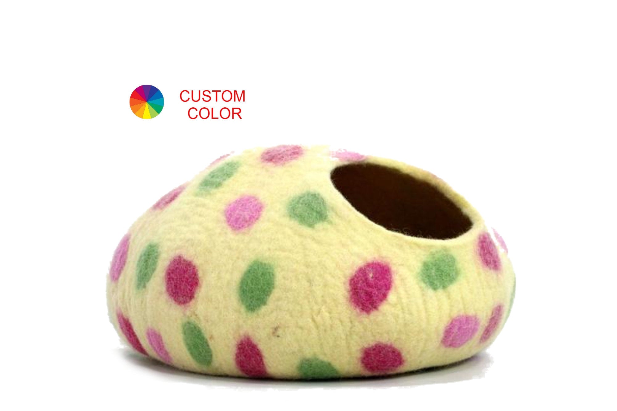 Handmade Wool Felt Cat Bed – Polka Dot Kitty House, Modern Pet Furniture
