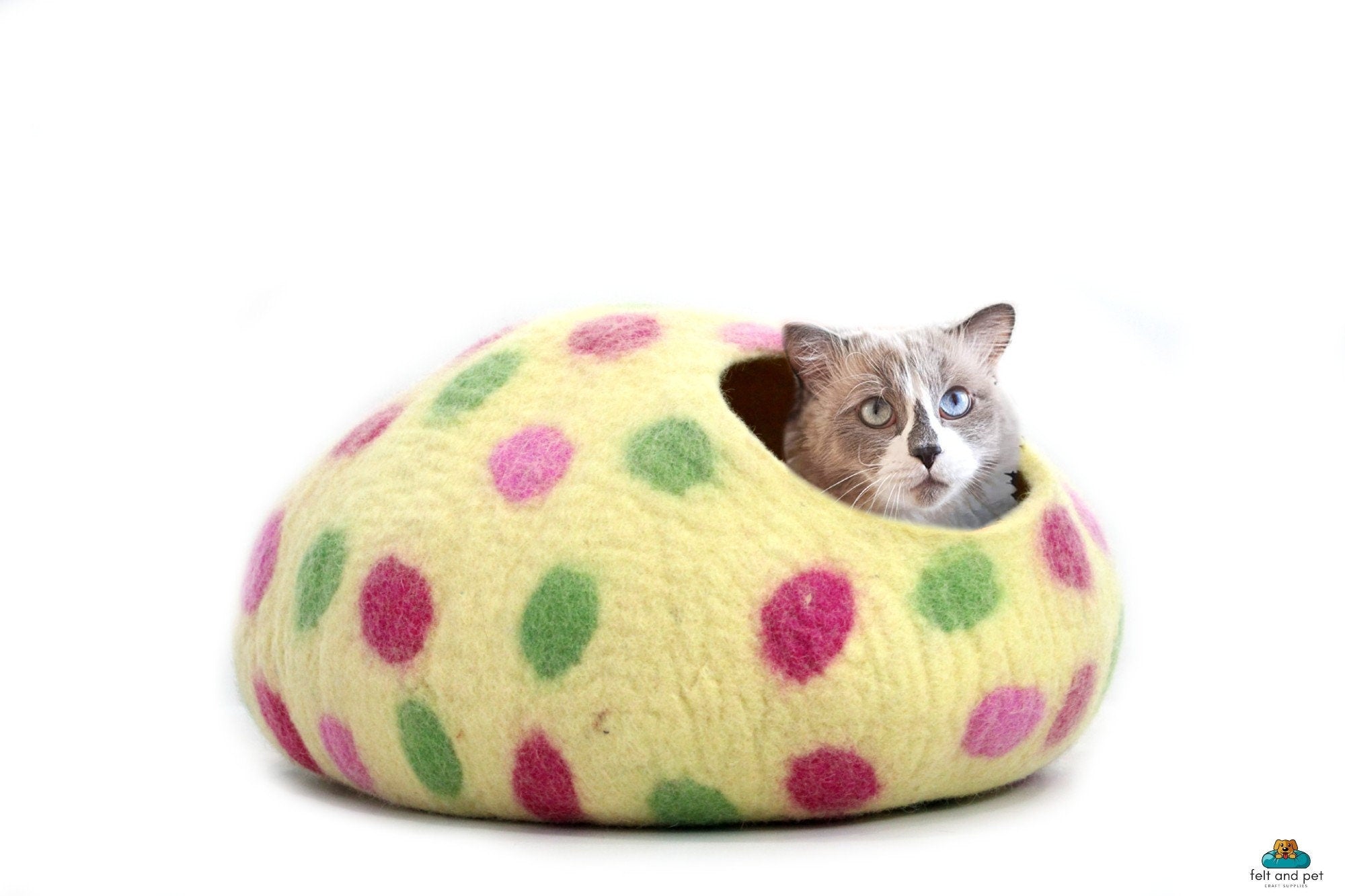 Handmade Wool Felt Cat Bed – Polka Dot Kitty House, Modern Pet Furniture