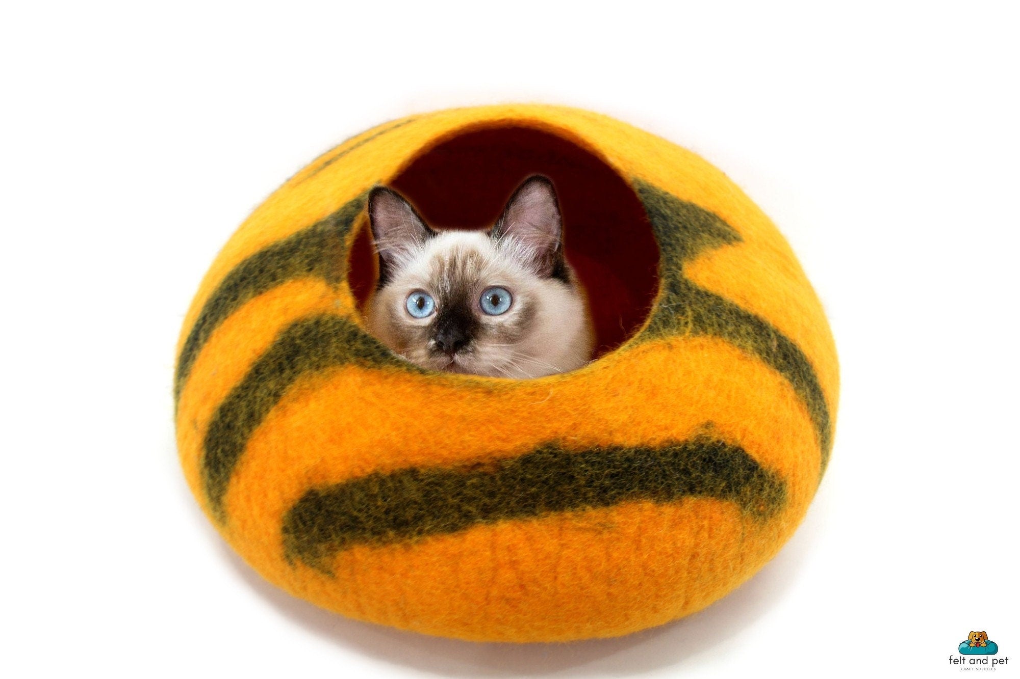 Felt Cat Cave – Tiger Stripe Wool Pet Bed, Handmade in Nepal