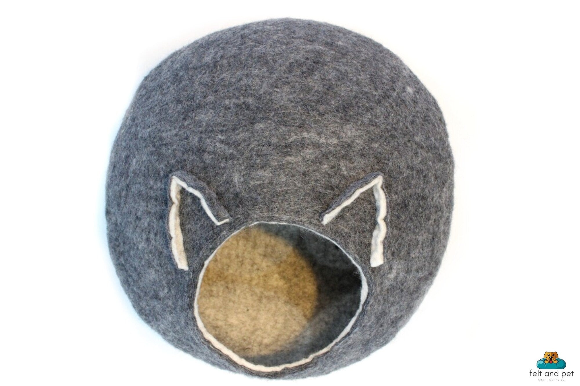 Handmade Wool Felt Cat Cave Bed – Natural Grey with Ears