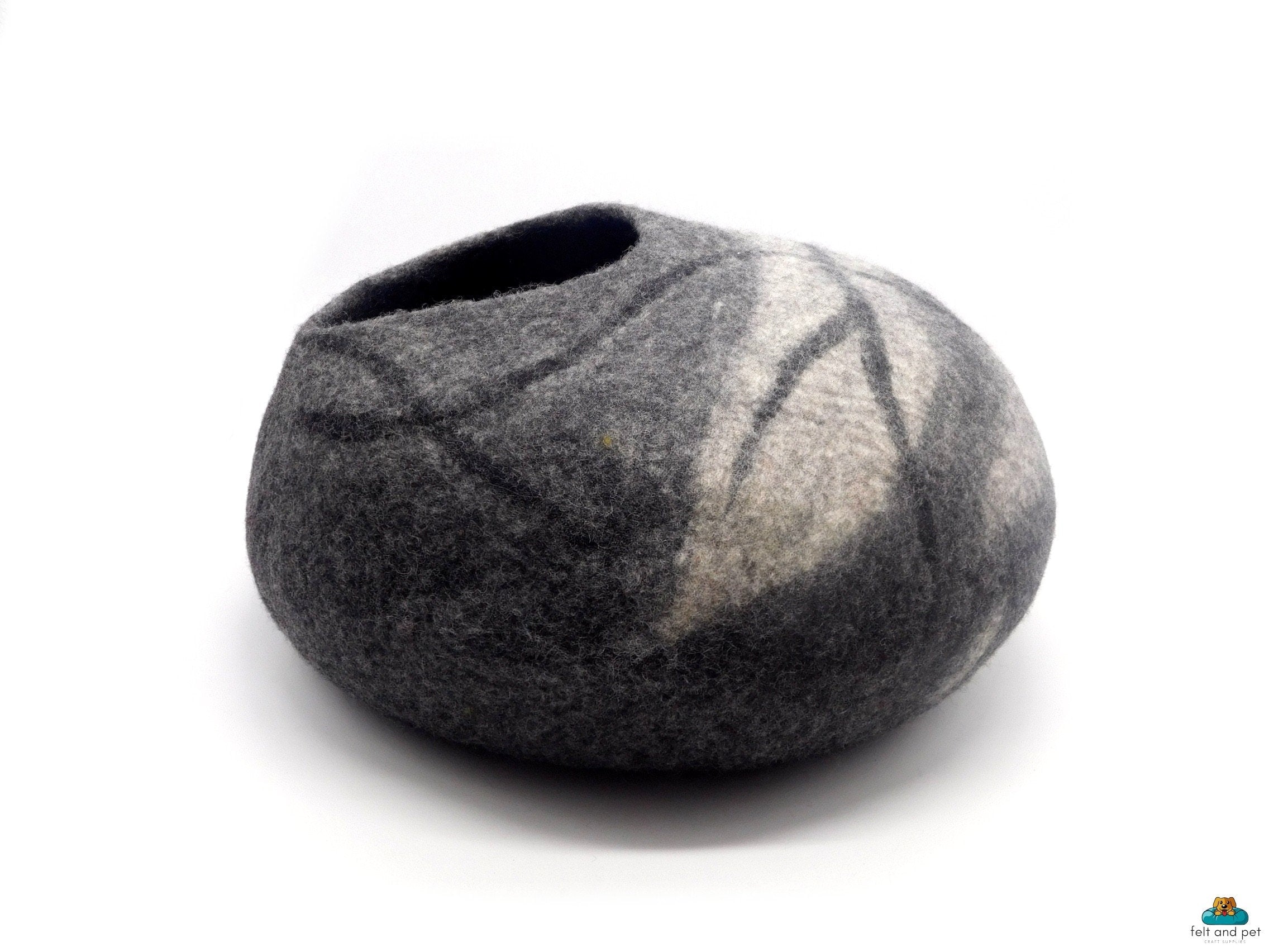 Dark Grey Stone Felt Cat Cave - Round Wool Kitty Bed - Eco- Friendly Cat Beds - Kitty Warmer - Modern Wool Cave