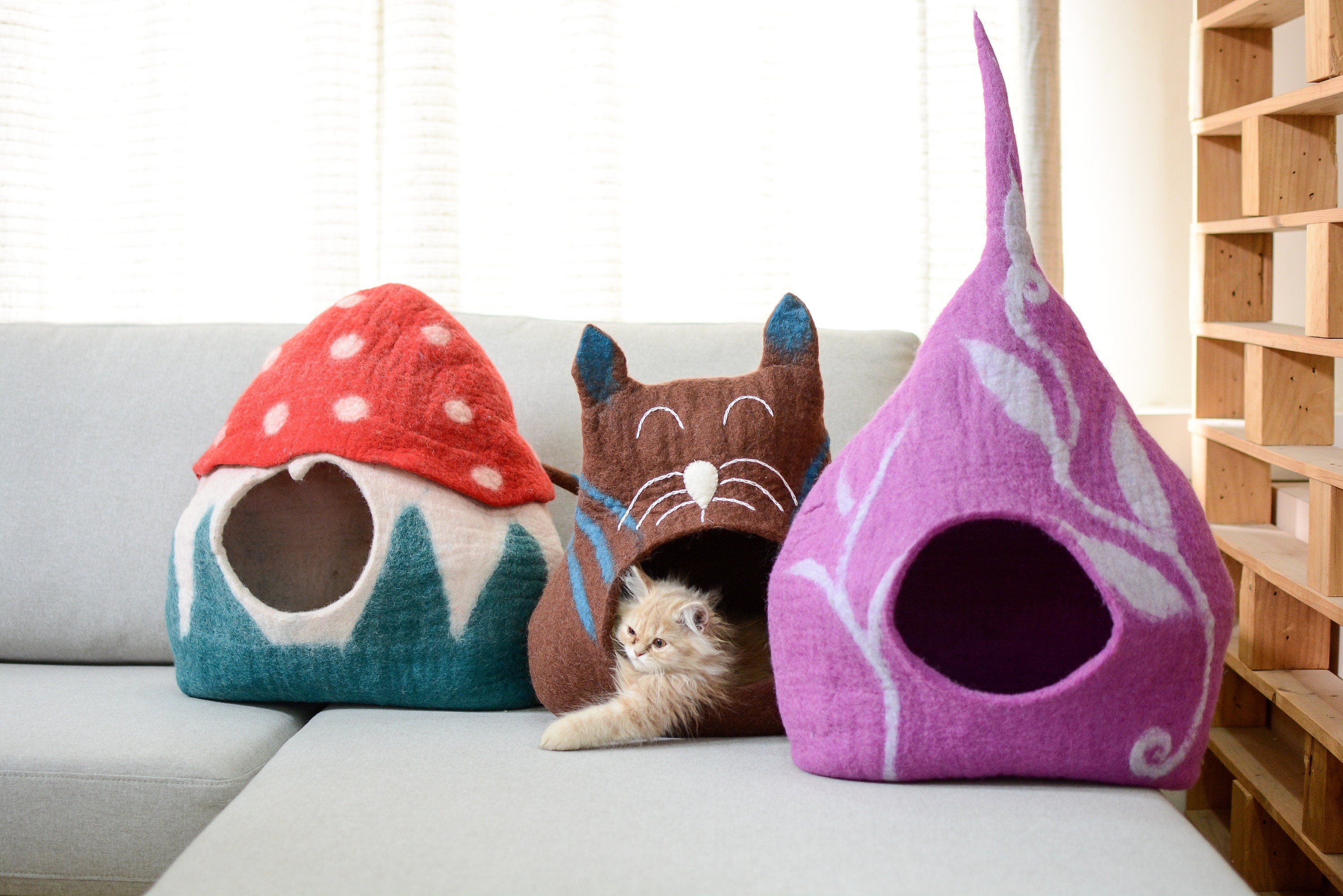 Modern Cat Bed - Felt Kitty Basket - Warm and Comfy - Handmade Pet House - Choose Your Own - Kitty Nest - Gifts