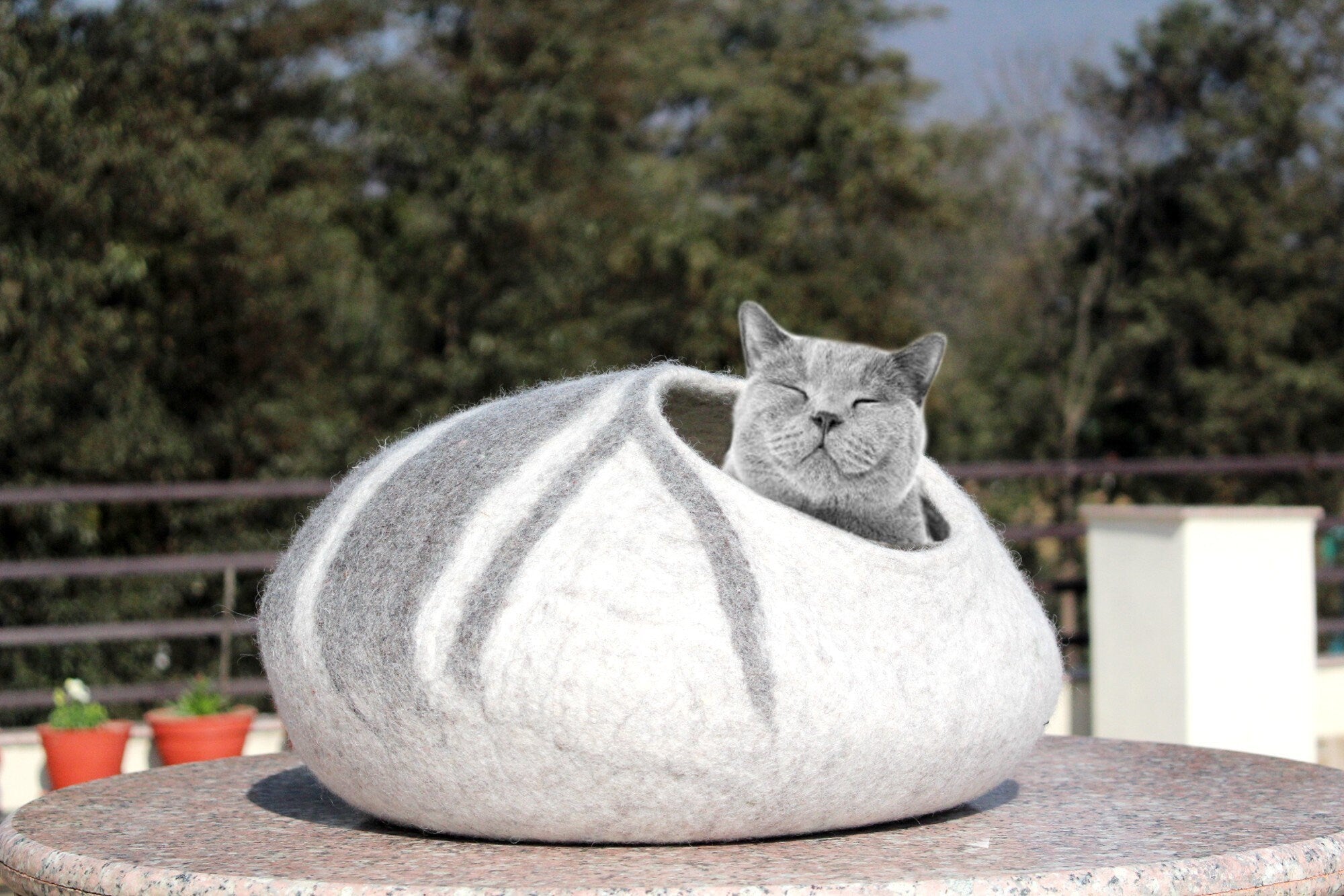Hand-Felted Wool Cat Cave – Grey and White Striped Cocoon Bed