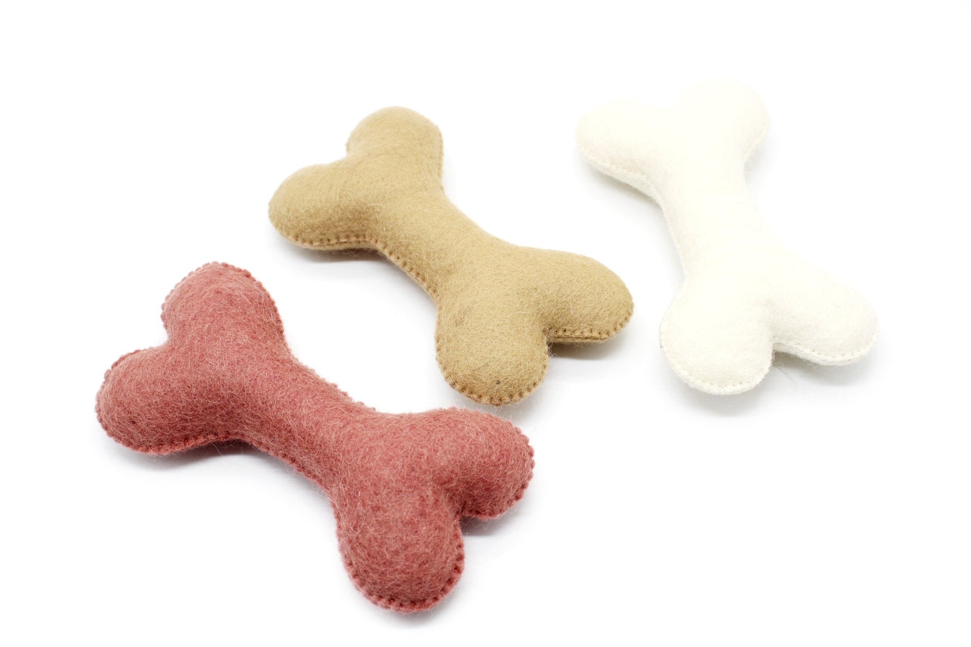 Set Of 3 - Wool Felted Bone - Felt Dog Teaser - Dog Play Toy - Embroidered Bone - Felt Kick Toys For Dogs