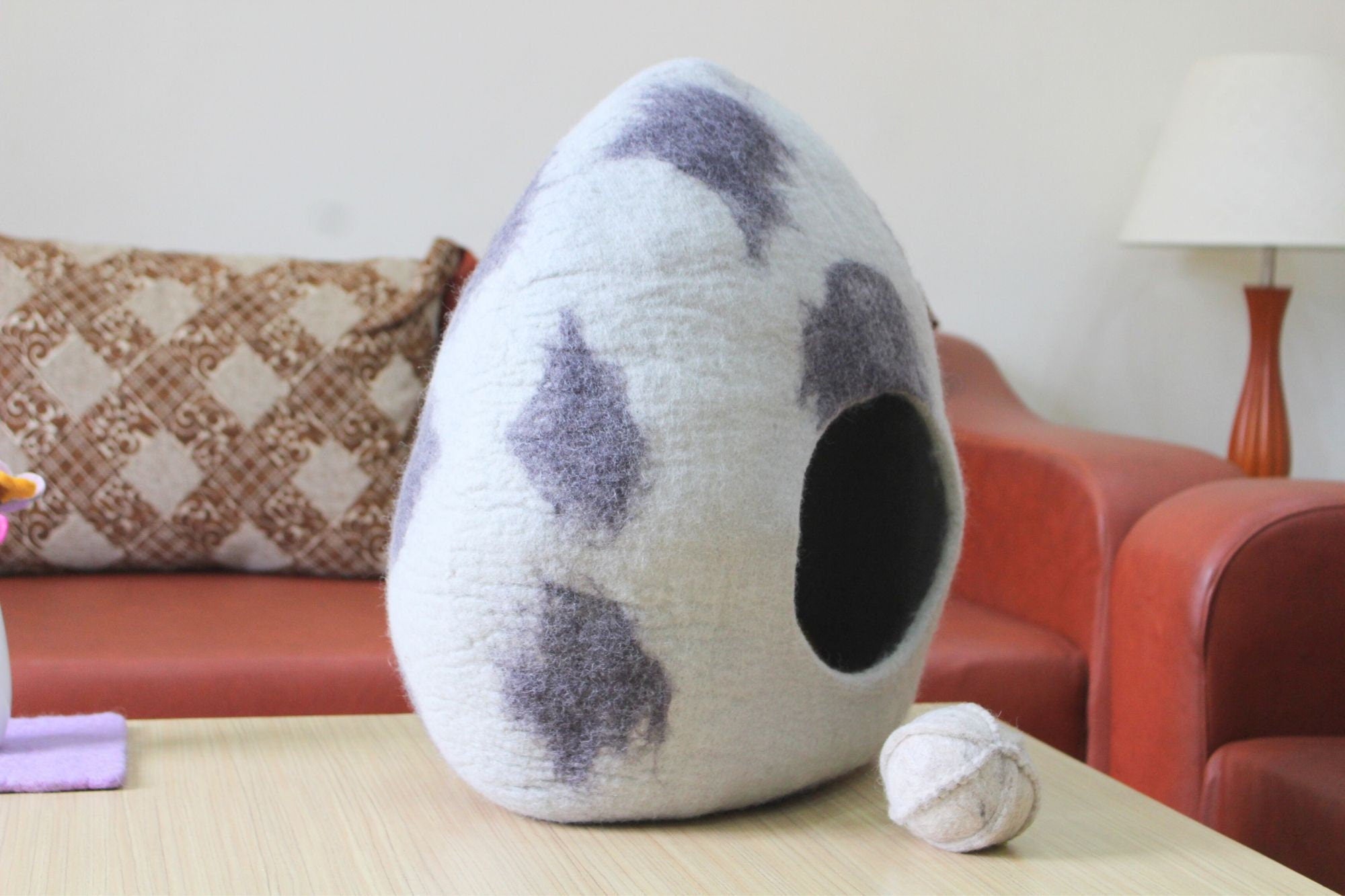 Felted Polka Dot Cat Cave Bed – Natural Wool Hideaway