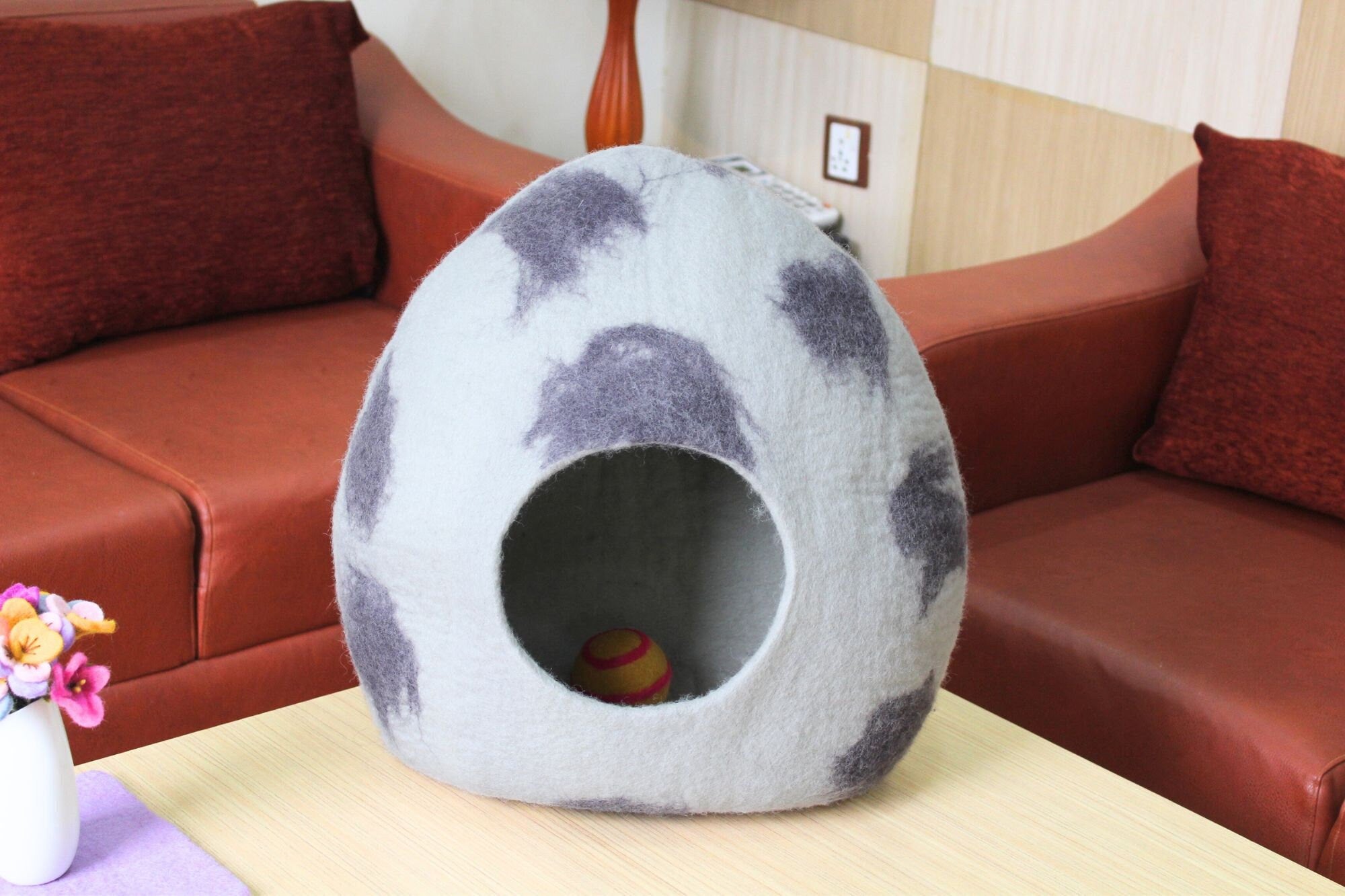 Felted Polka Dot Cat Cave Bed – Natural Wool Hideaway
