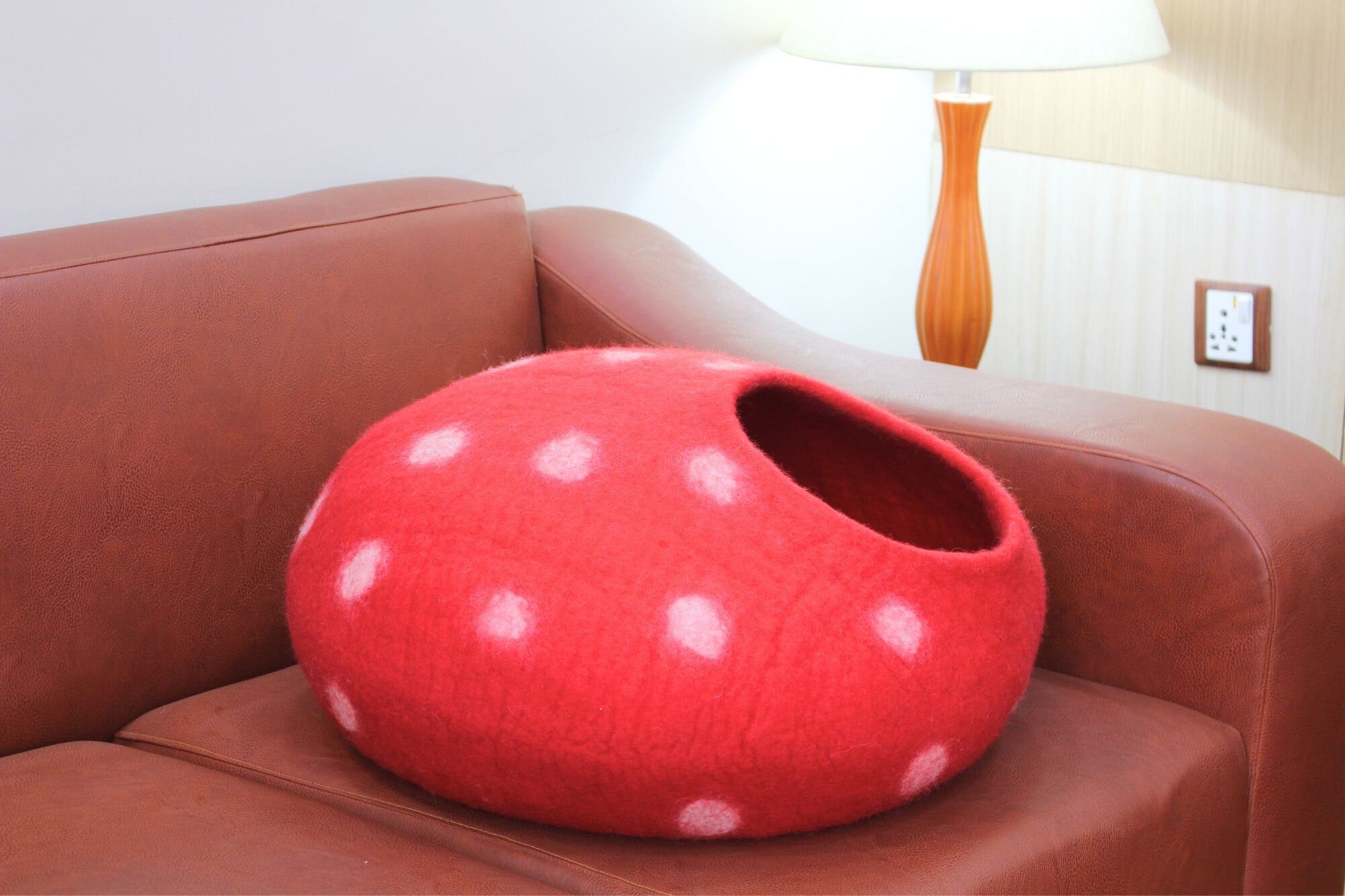 Strawberry Design Cat Cave - Handmade Wool Pet Bed - Wool Furniture For Pets - Felt Natural Cat Bed