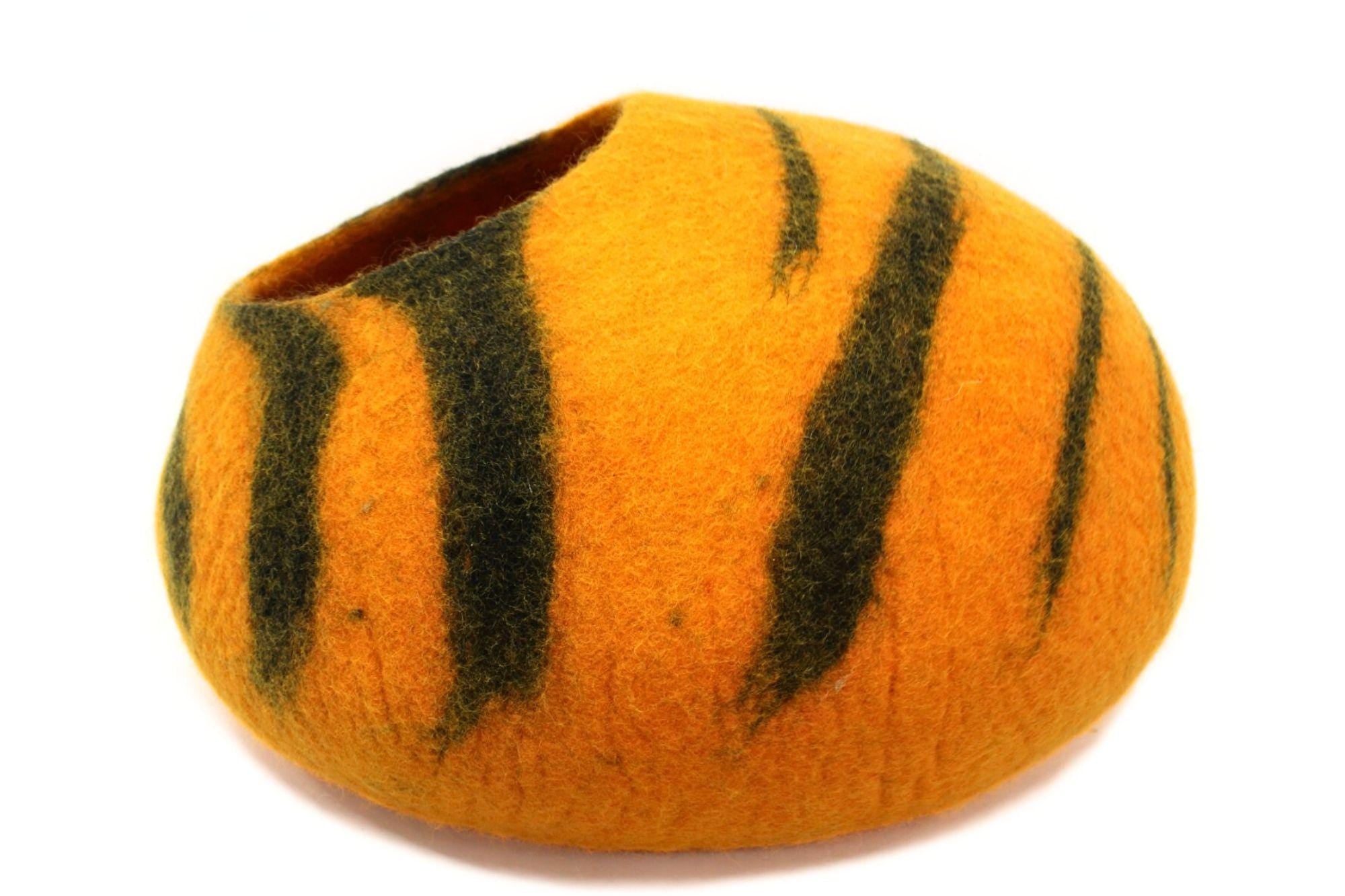 Felt Cat Cave – Tiger Stripe Wool Pet Bed, Handmade in Nepal