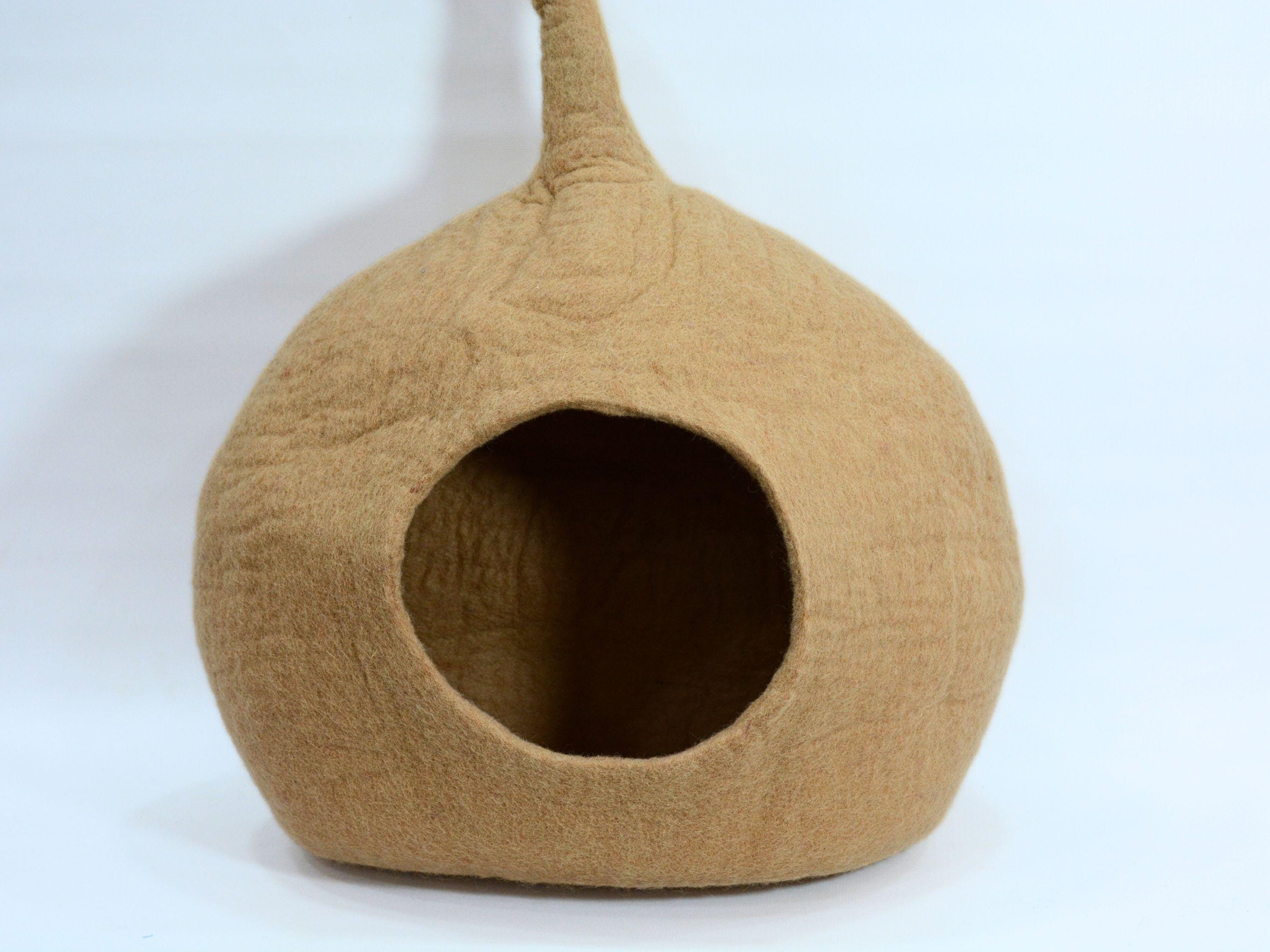 Hand Felted Wool Cat Cave – Beige Kitty House, Modern Pet Bed