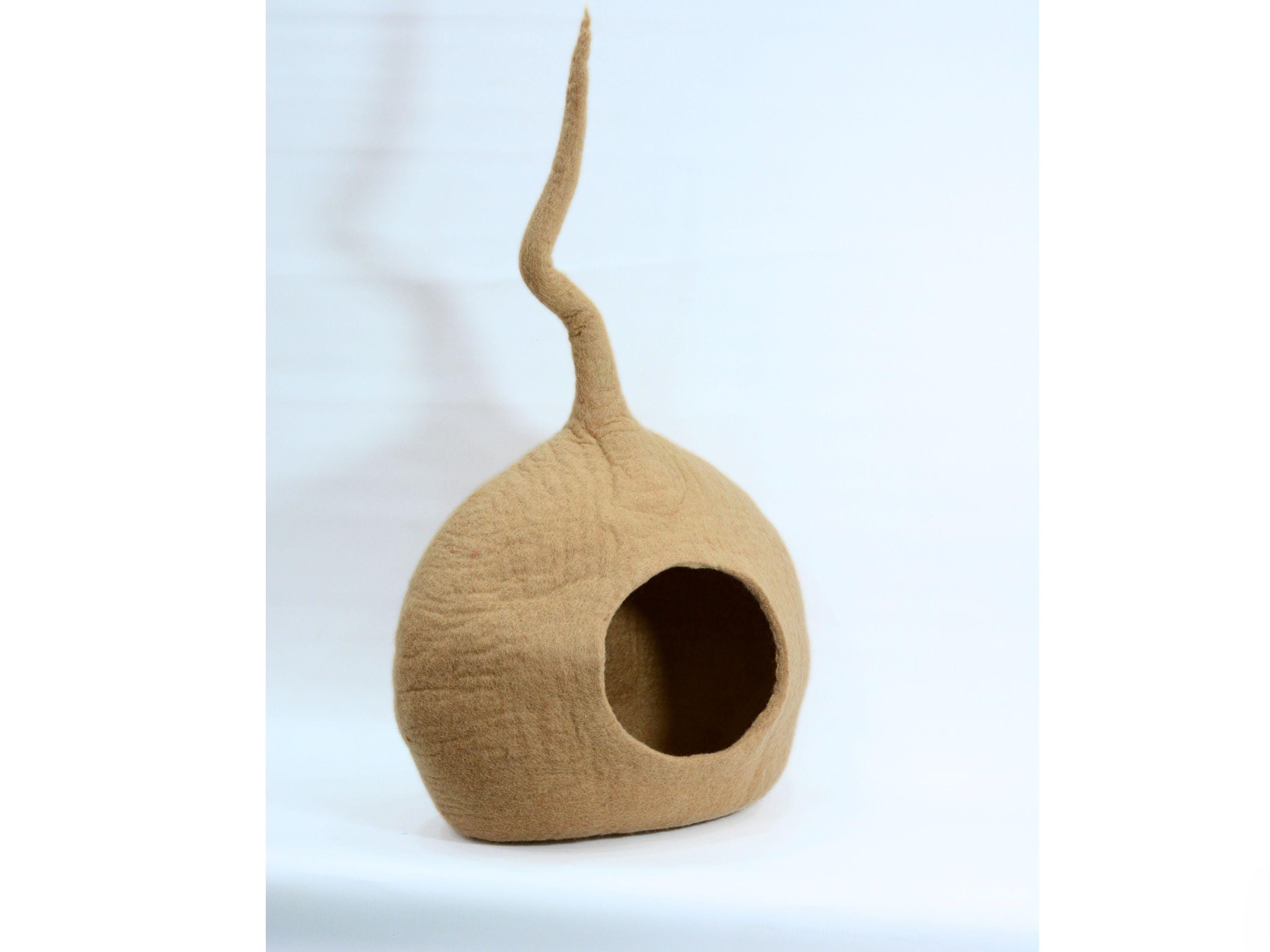 Hand Felted Wool Cat Cave – Beige Kitty House, Modern Pet Bed