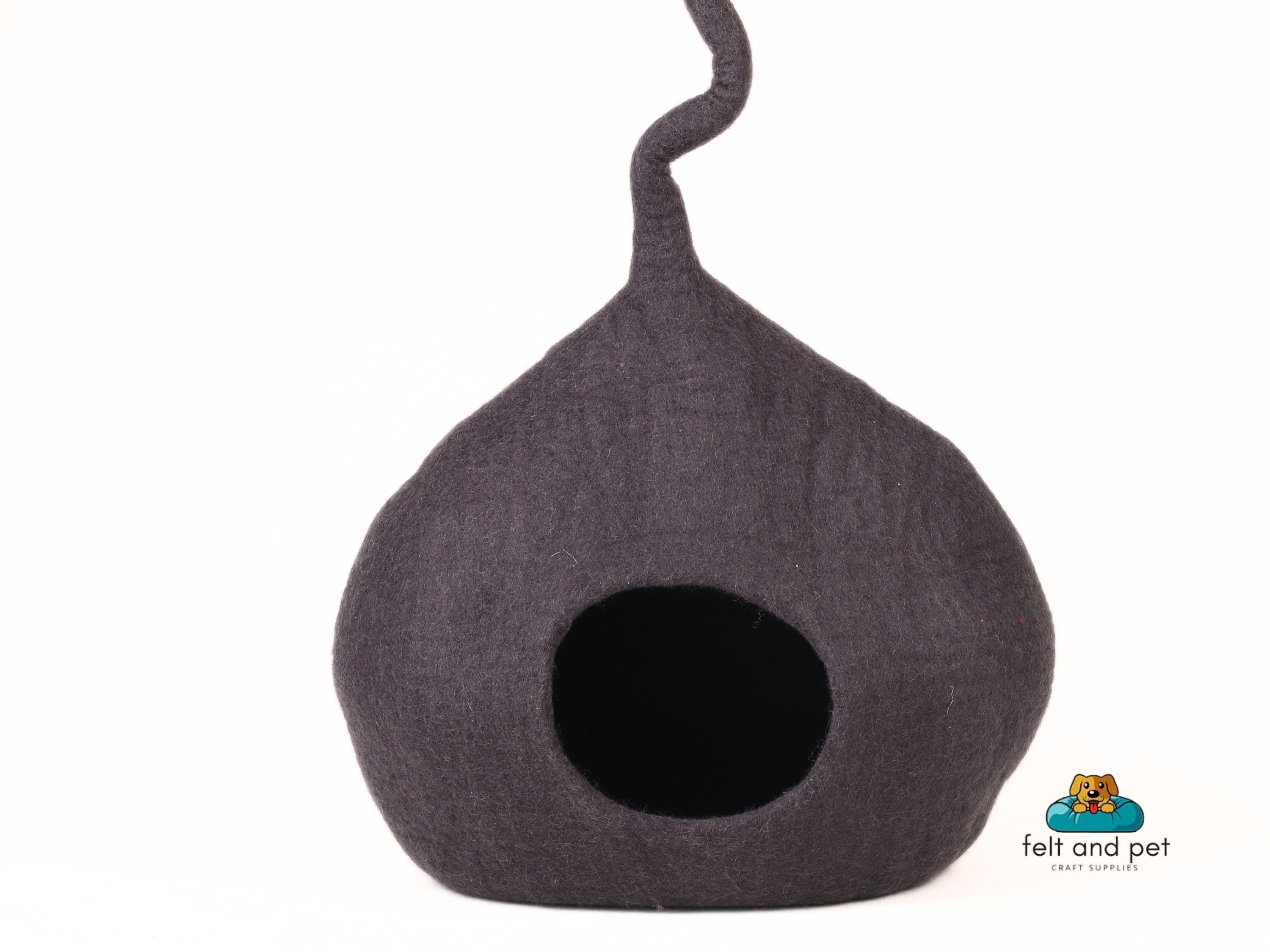 Ash Grey Wool Cat House With Tail, Handmade Cat Cave Using 100% Pure & Natural Wool, AZO Free, Soft And Cozy Pet Bed