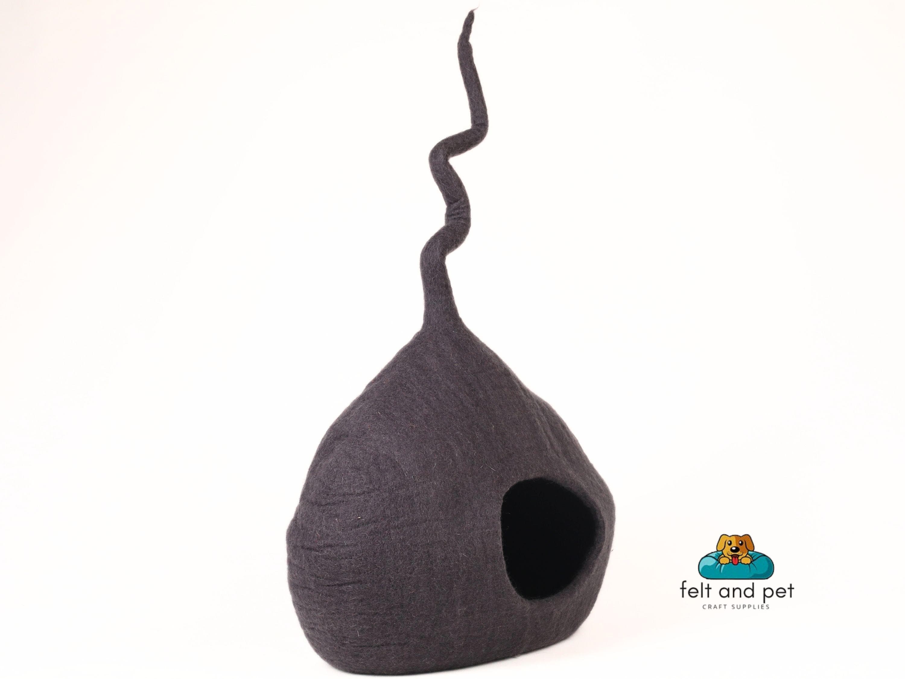 Ash Grey Wool Cat House With Tail, Handmade Cat Cave Using 100% Pure & Natural Wool, AZO Free, Soft And Cozy Pet Bed