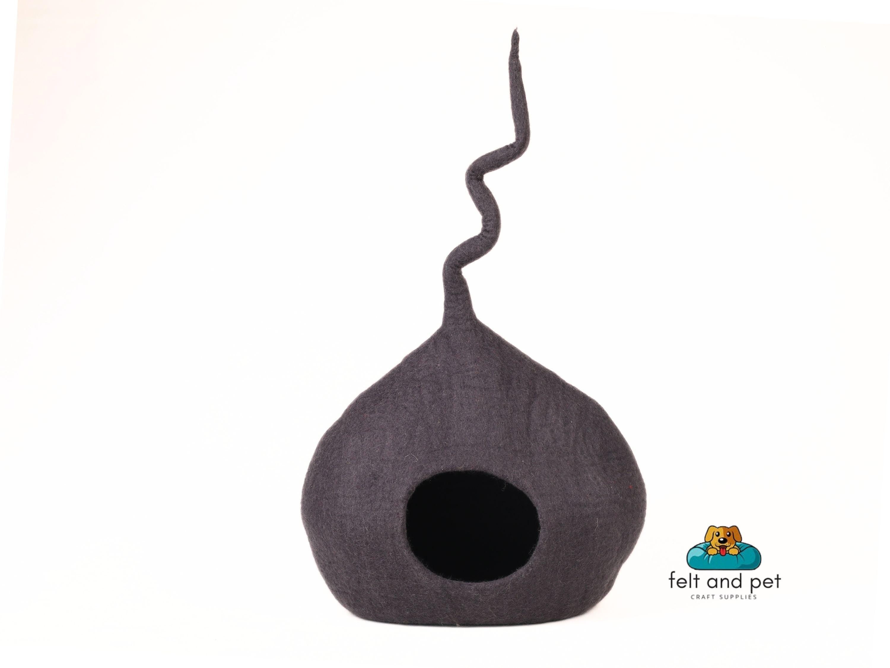 Ash Grey Wool Cat House With Tail, Handmade Cat Cave Using 100% Pure & Natural Wool, AZO Free, Soft And Cozy Pet Bed