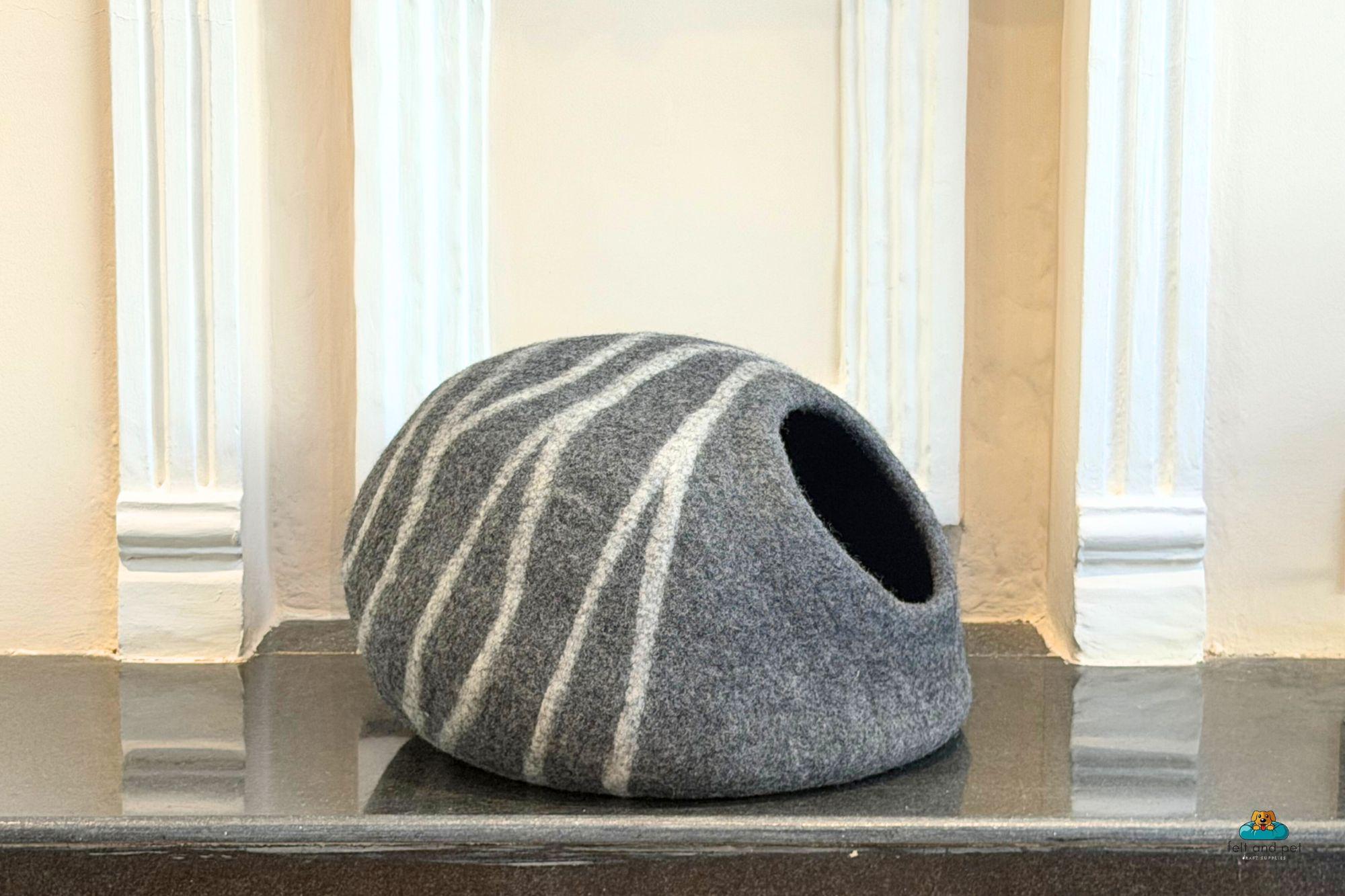 Stone Gray Felt Cat Bed with White Stripes – Handcrafted Wool Cat Cave, Cozy Hideout, Modern Home Décor
