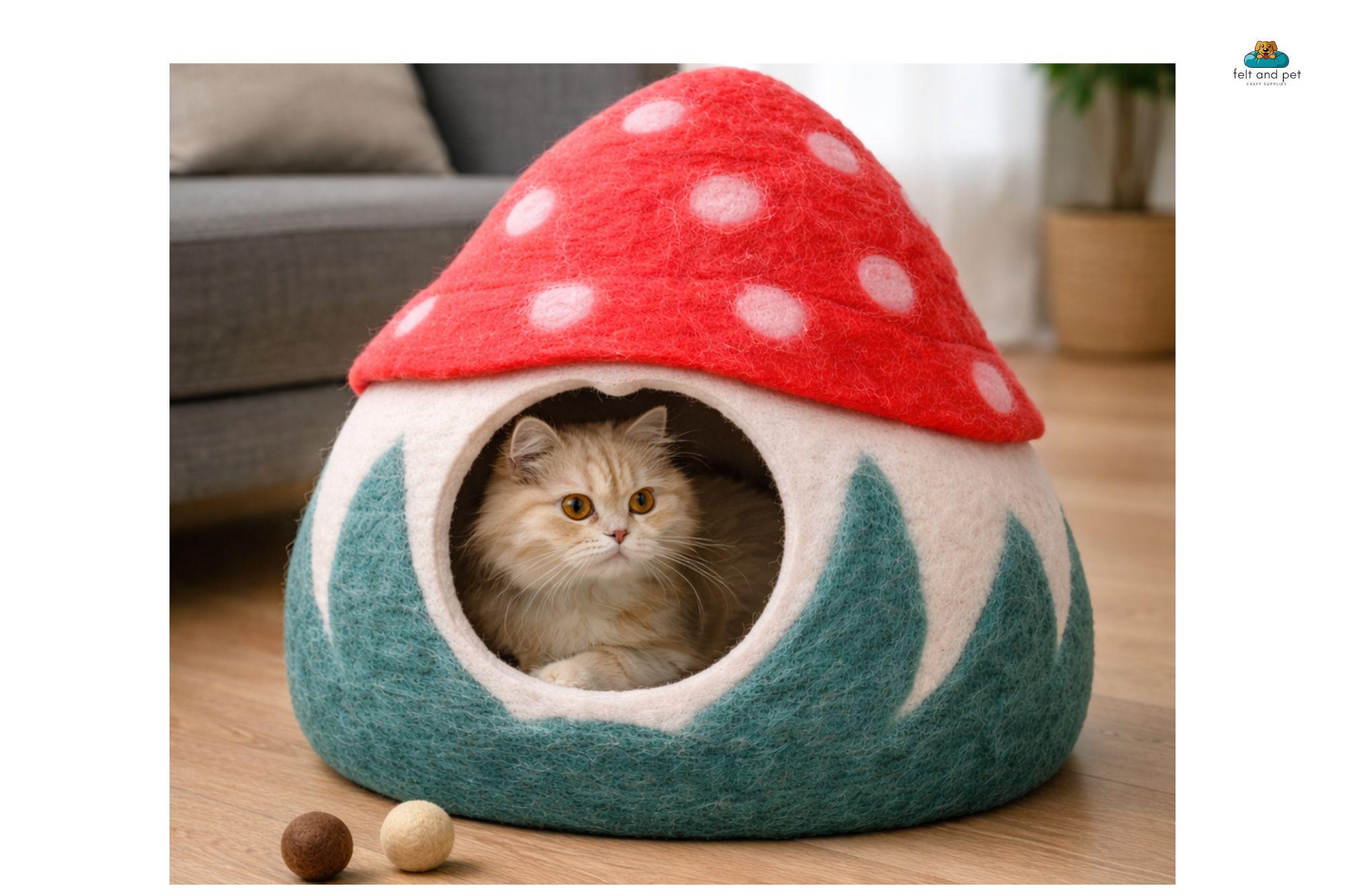 Mushroom Felt Cat Cave - Handmade Modern Pet Bedding- Wool Pet Bed - Free Shipping