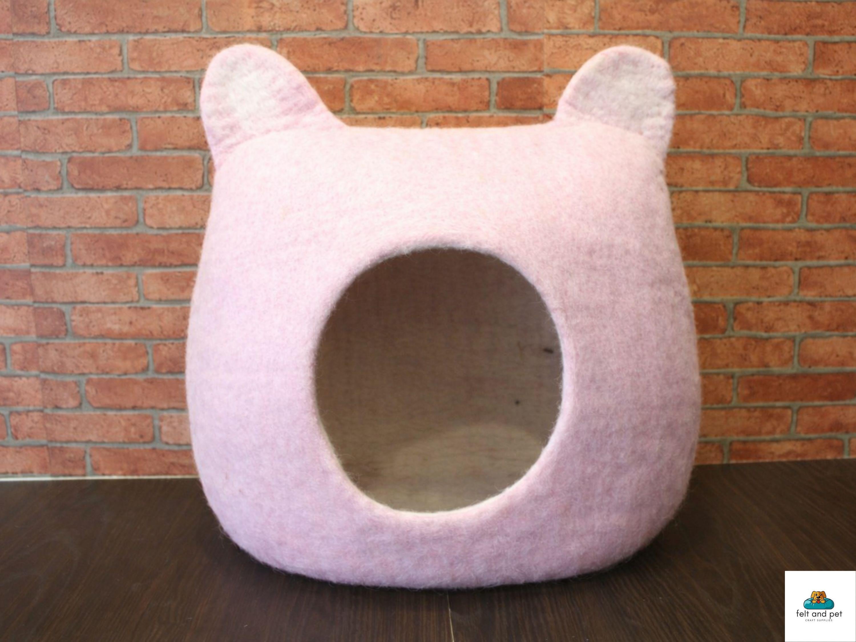 Wool Felt Cat Cave – Pink Square Pet Bed with Ears