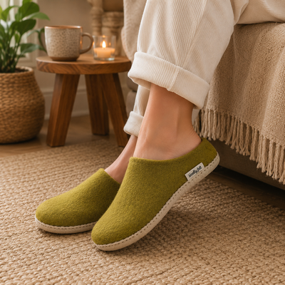Olive Green Handmade Wool Felt Indoor Shoes with Leather Sole