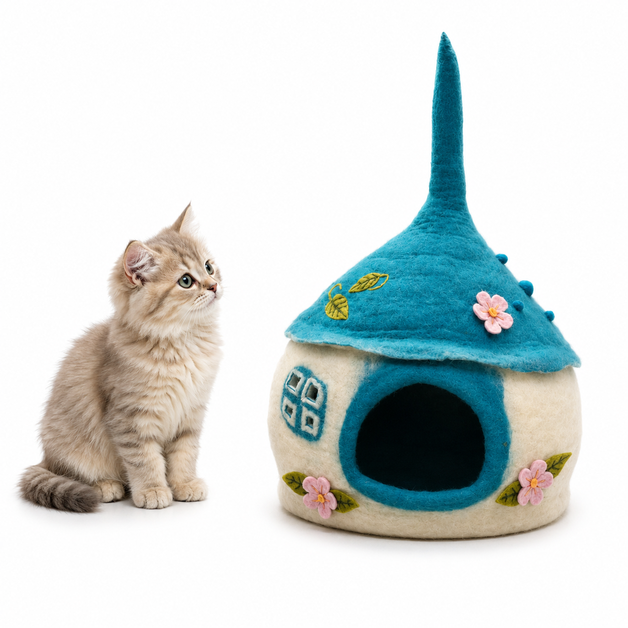 Mosswood Cottage Cat Cave – Handmade Felt Cat Cave, Made in Nepal with 100% New Zealand Wool Enchanted Mushroom Cat House Bed.