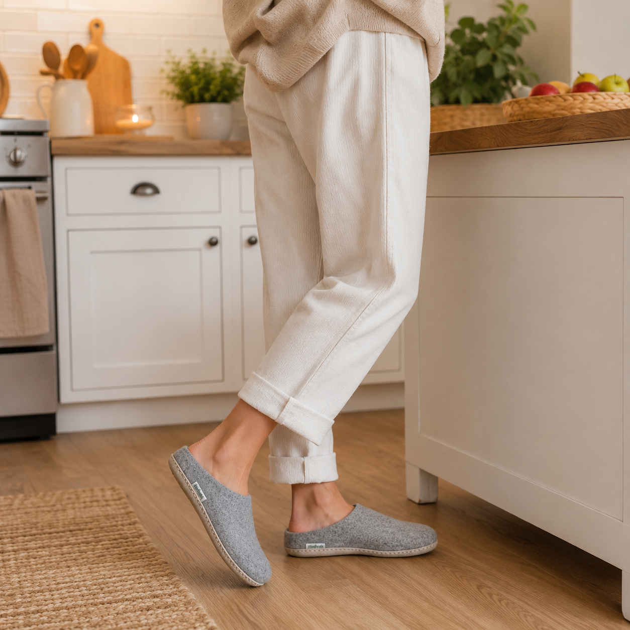 Natural Grey Handmade Wool Felt Indoor Slipper with Leather Sole