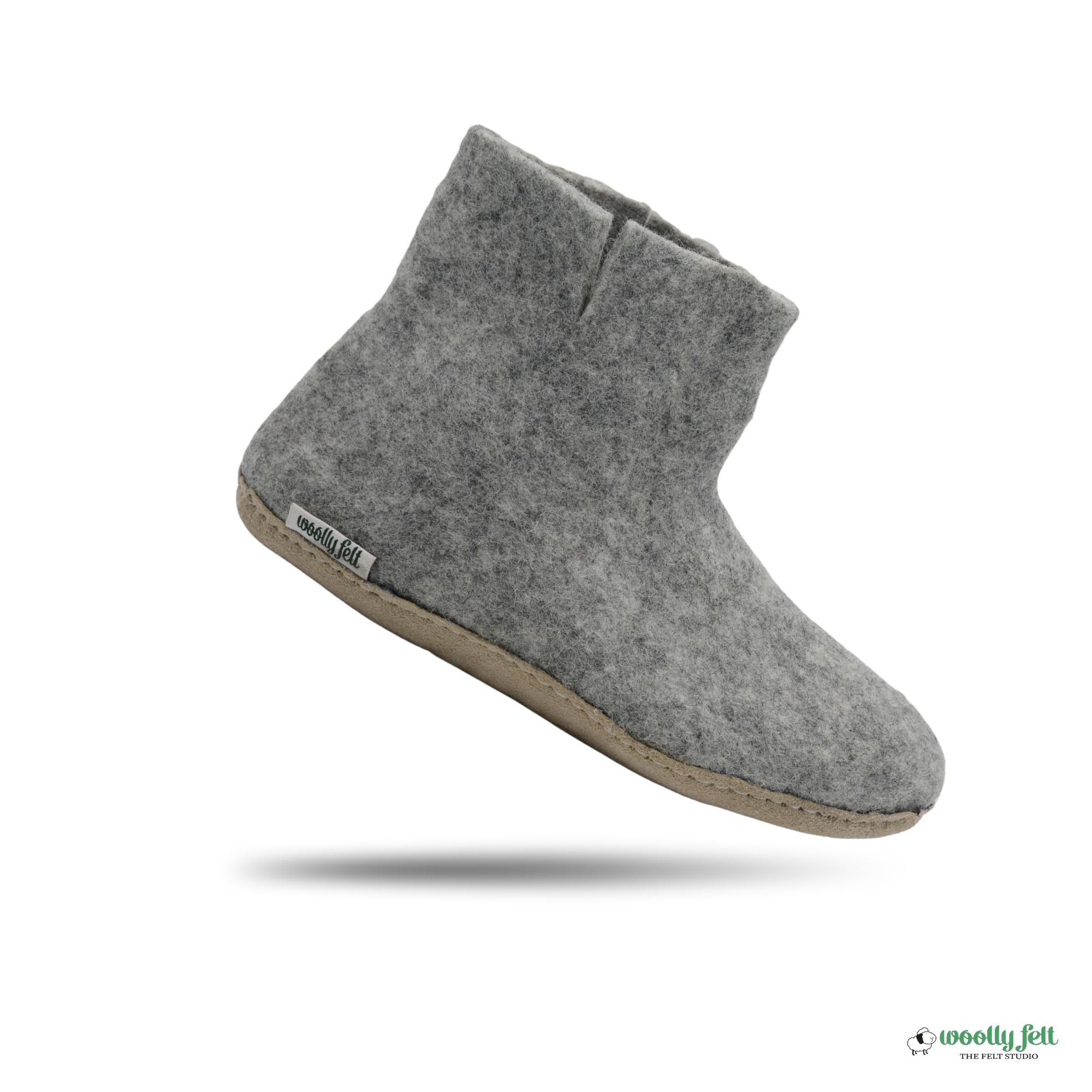 Natural Grey Handmade Wool Felt Indoor Boot with Leather Sole