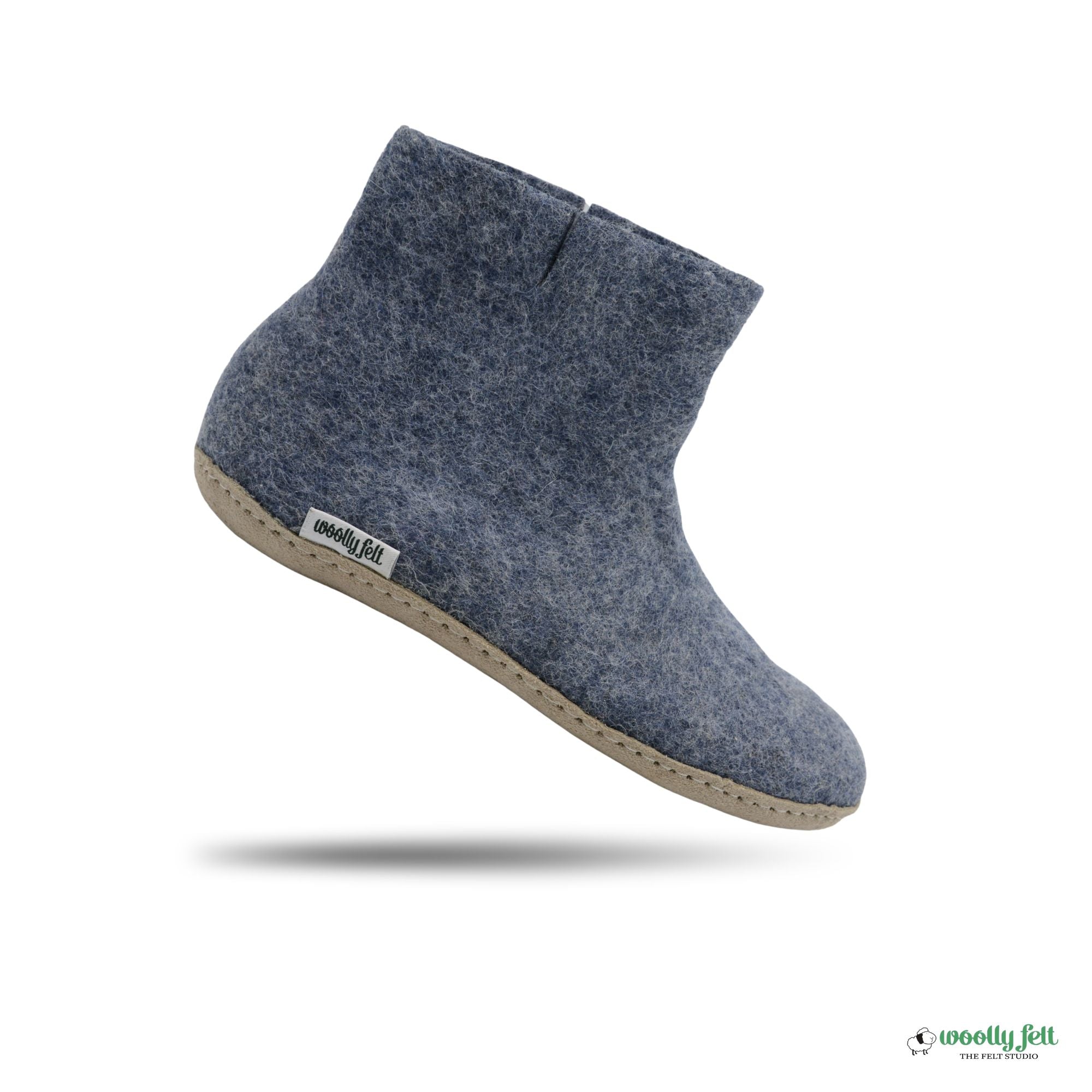 Denim Blue Handmade Wool Felt Indoor Boot with Leather Sole