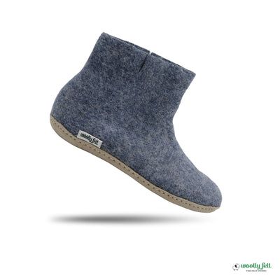 Denim Blue Handmade Wool Felt Indoor Boot with Leather Sole