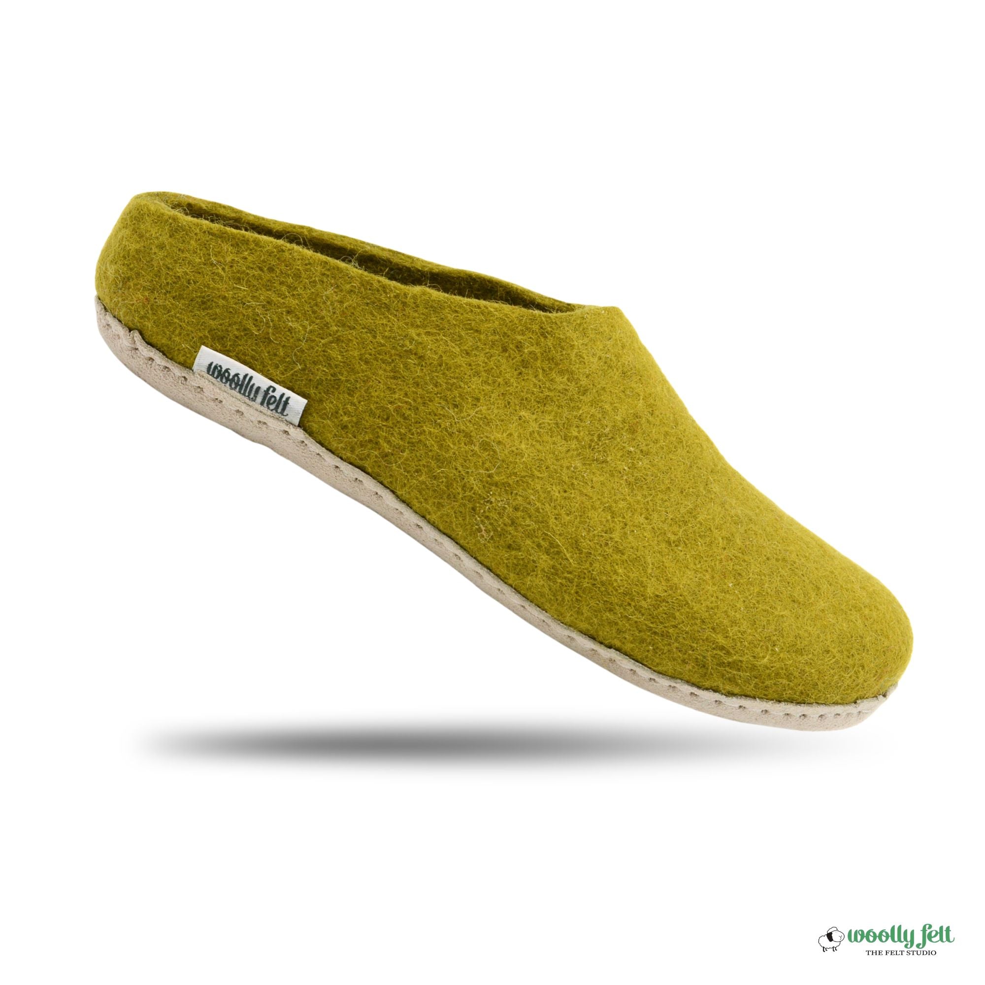 Olive Green Handmade Wool Felt Indoor Slipper with Leather Sole
