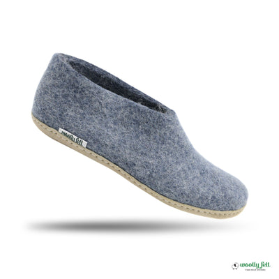 Denim Blue Handmade Wool Felt Indoor Shoes with Leather Sole