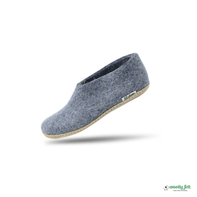 Denim Blue Handmade Wool Felt Indoor Shoes with Leather Sole