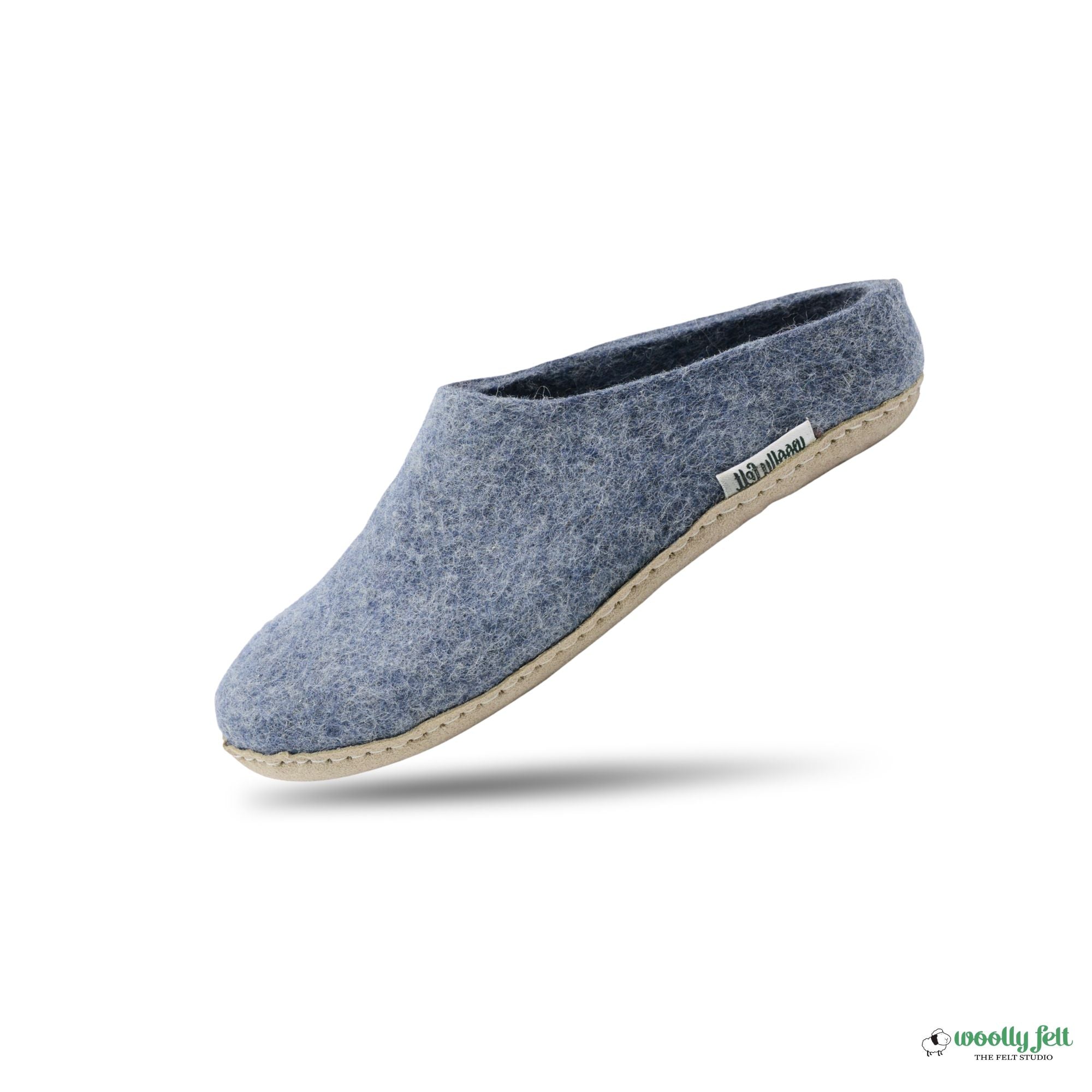 Denim Blue Handmade Wool Felt Indoor Slipper with Leather Sole