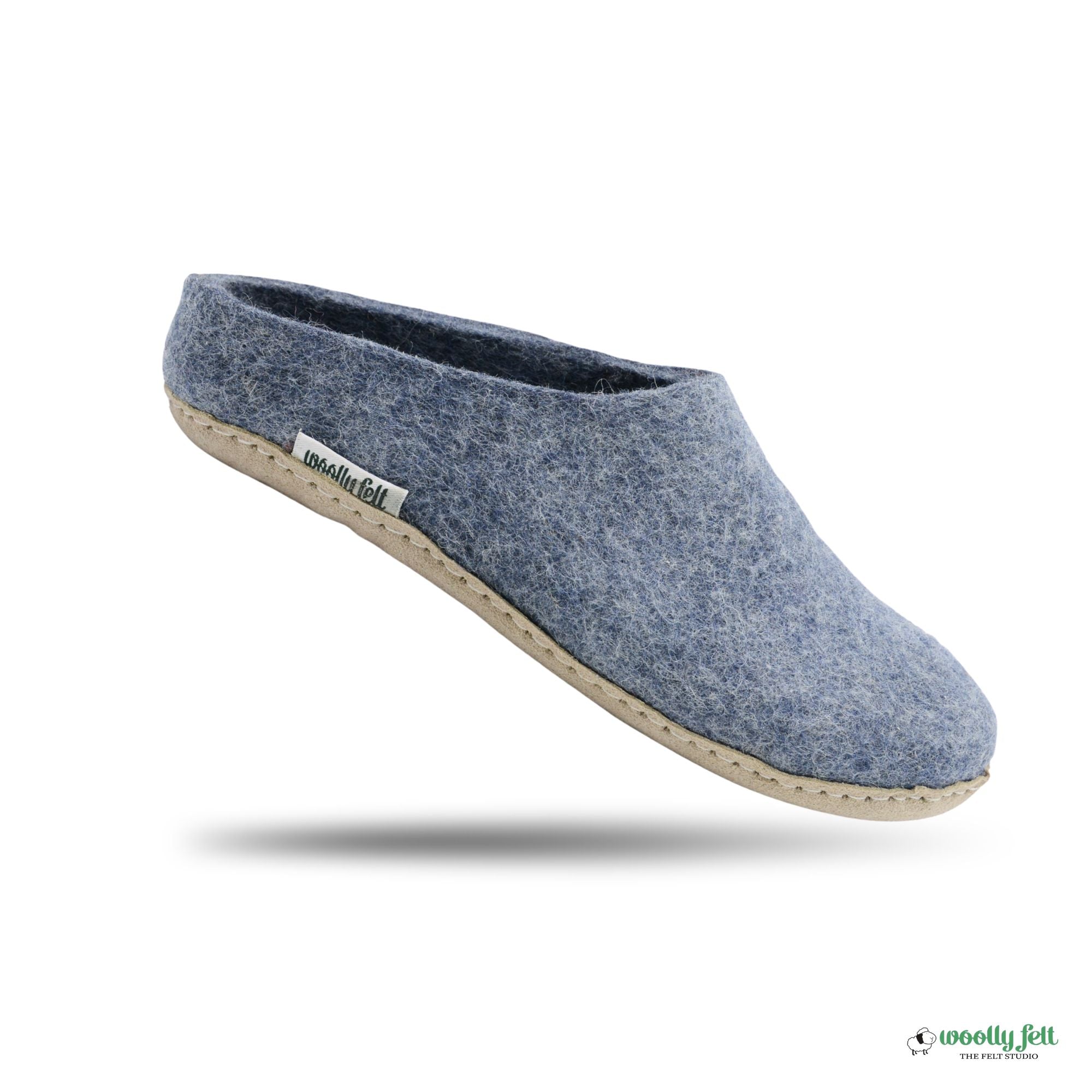 Denim Blue Handmade Wool Felt Indoor Slipper with Leather Sole