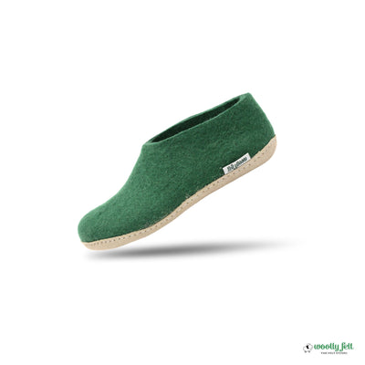Forest Green Handmade Wool Felt Indoor Shoes with Leather Sole