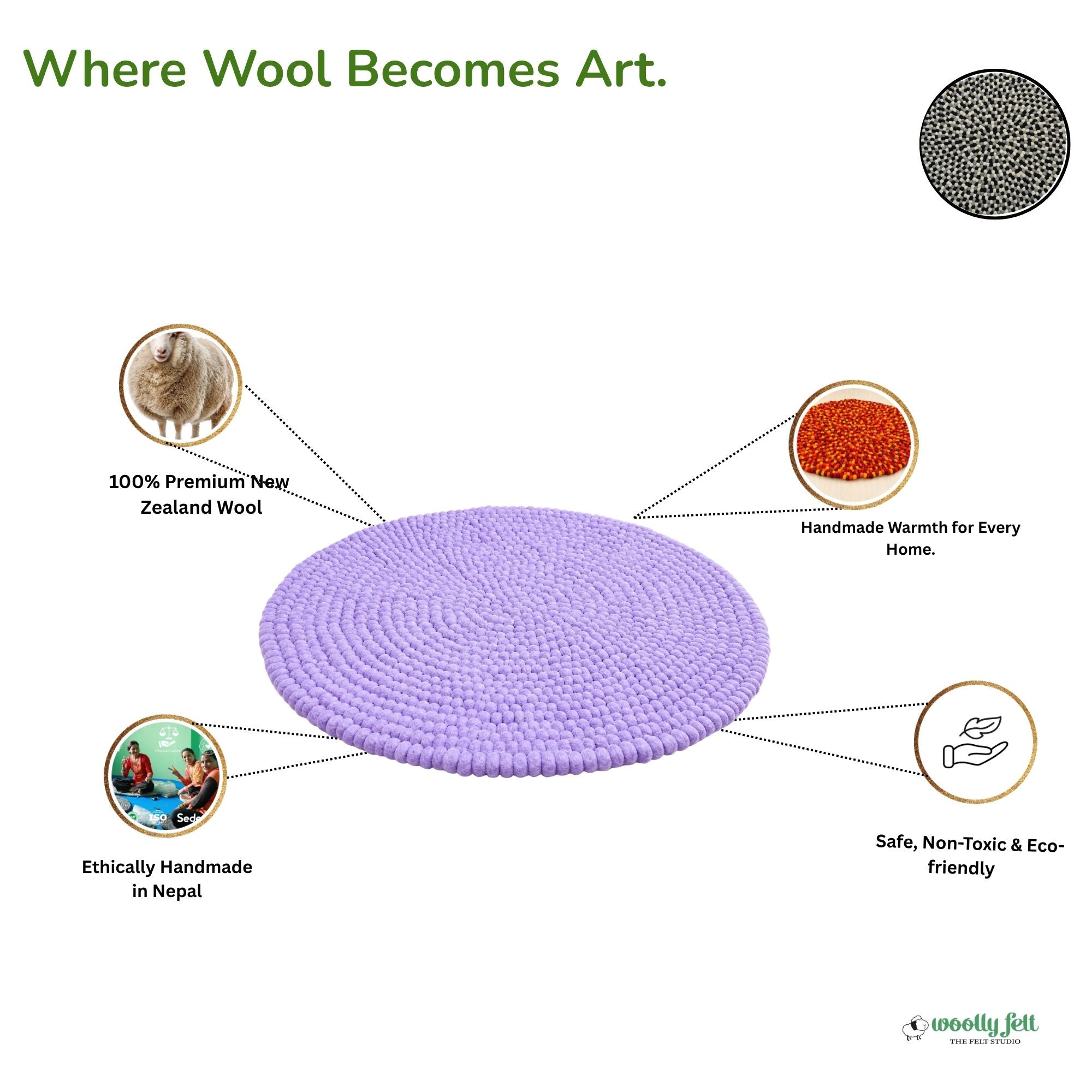 Handmade Purple Felt Ball Wool Round Area Rug